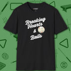 Breaking Hearts and Balls T-Shirt, in Black color, billiards shirt, front view