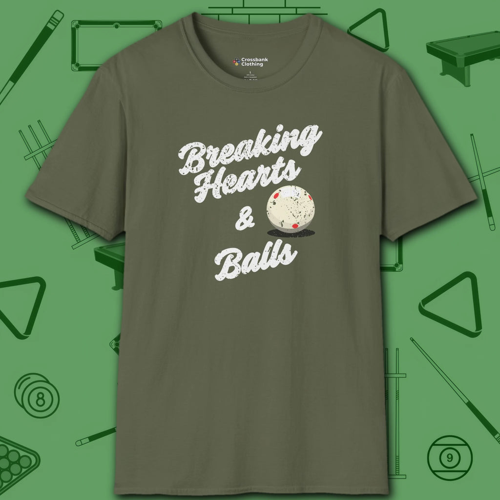 Breaking Hearts and Balls T-Shirt, in Military Green color, billiards shirt, front view