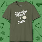 Breaking Hearts and Balls T-Shirt, in Military Green color, billiards shirt, front view
