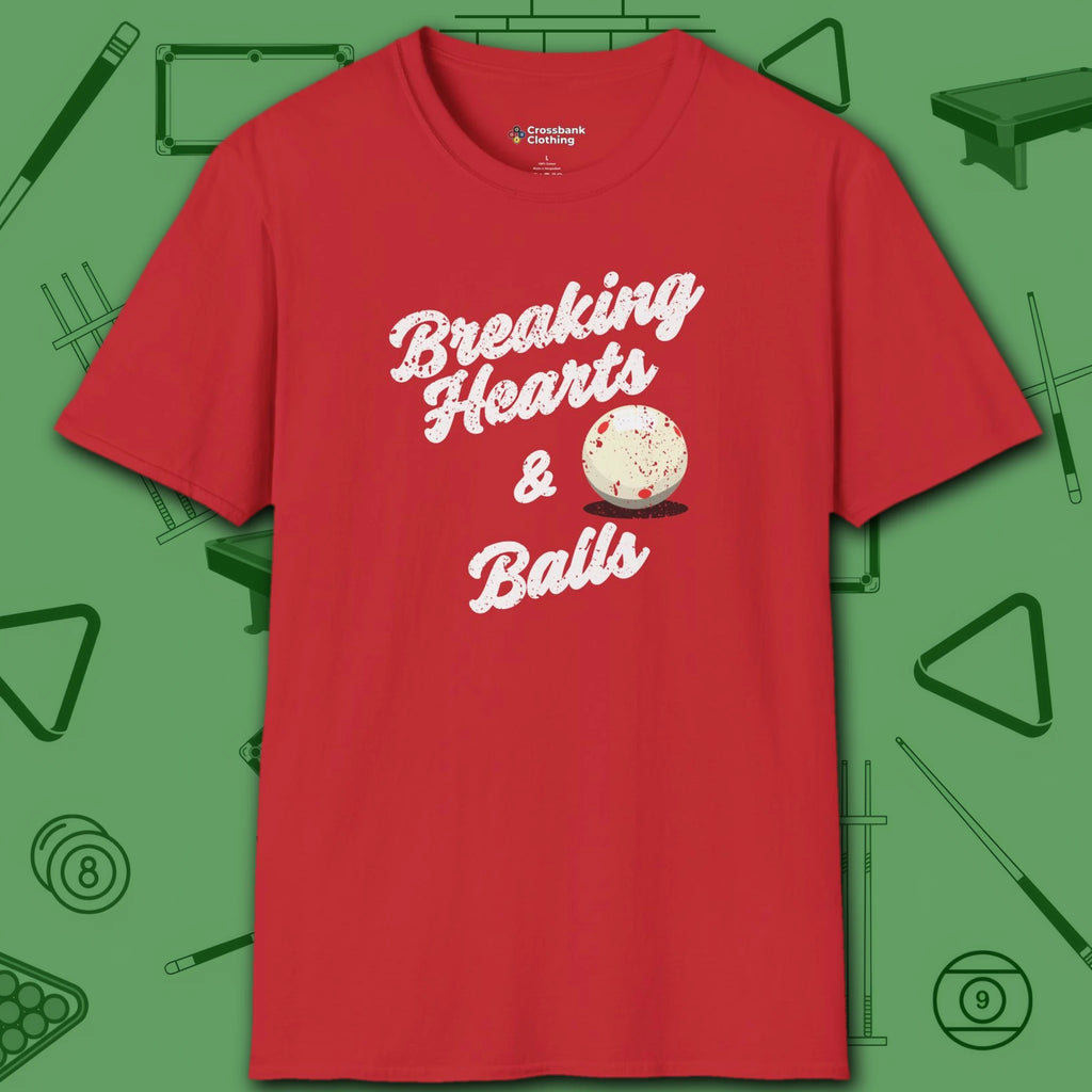 Breaking Hearts and Balls T-Shirt, in Red color, billiards shirt, front view