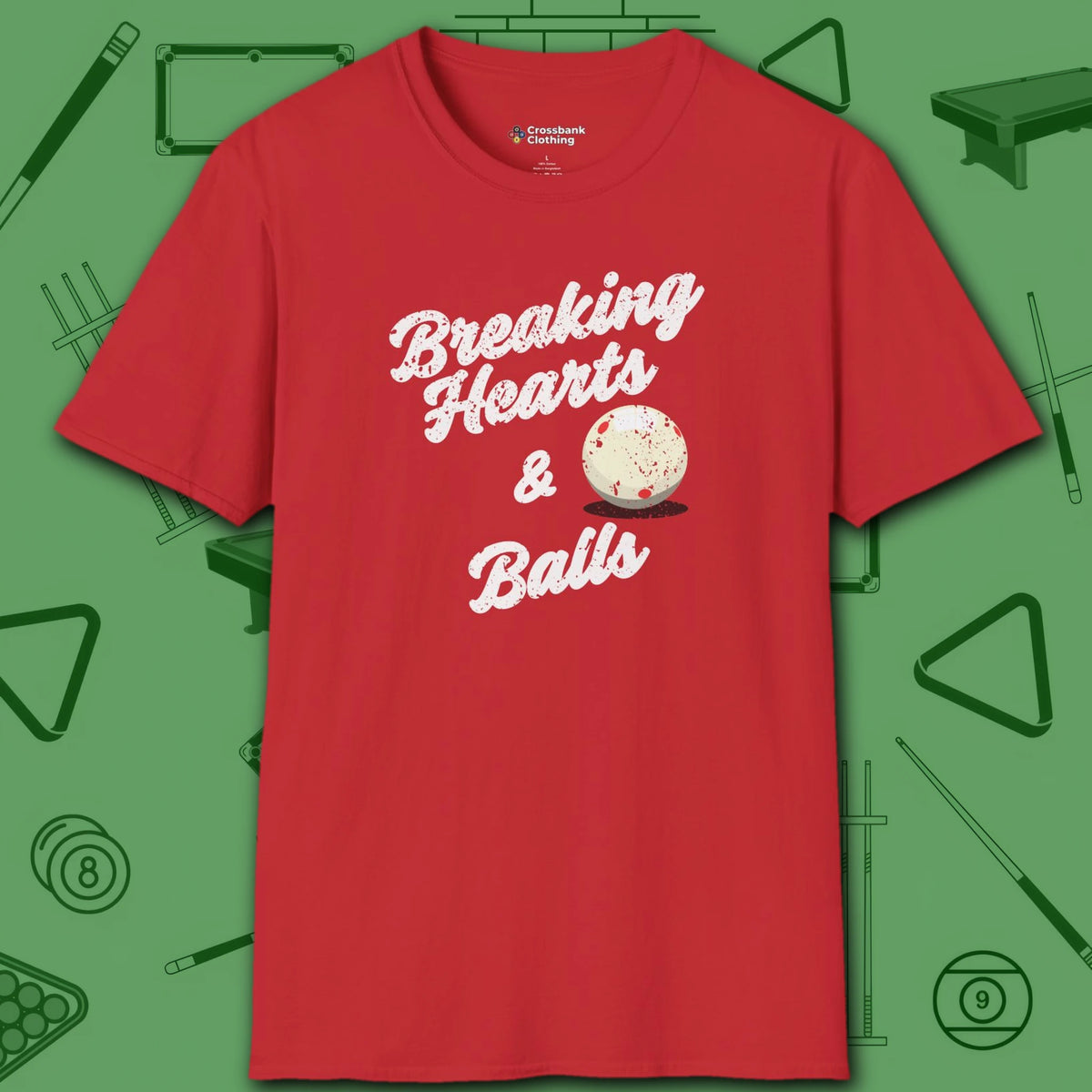 Breaking Hearts and Balls T-Shirt, in Red color, billiards shirt, front view