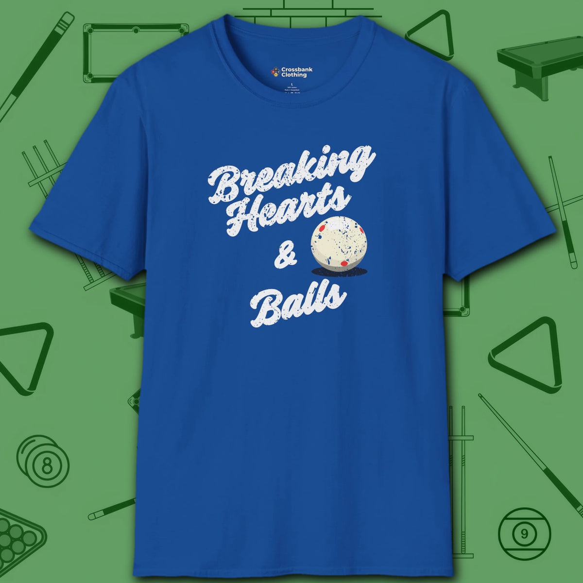 Breaking Hearts and Balls T-Shirt, in Royal color, billiards shirt, front view