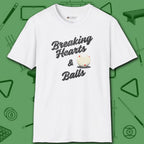 Breaking Hearts and Balls T-Shirt, in White color, billiards shirt, front view