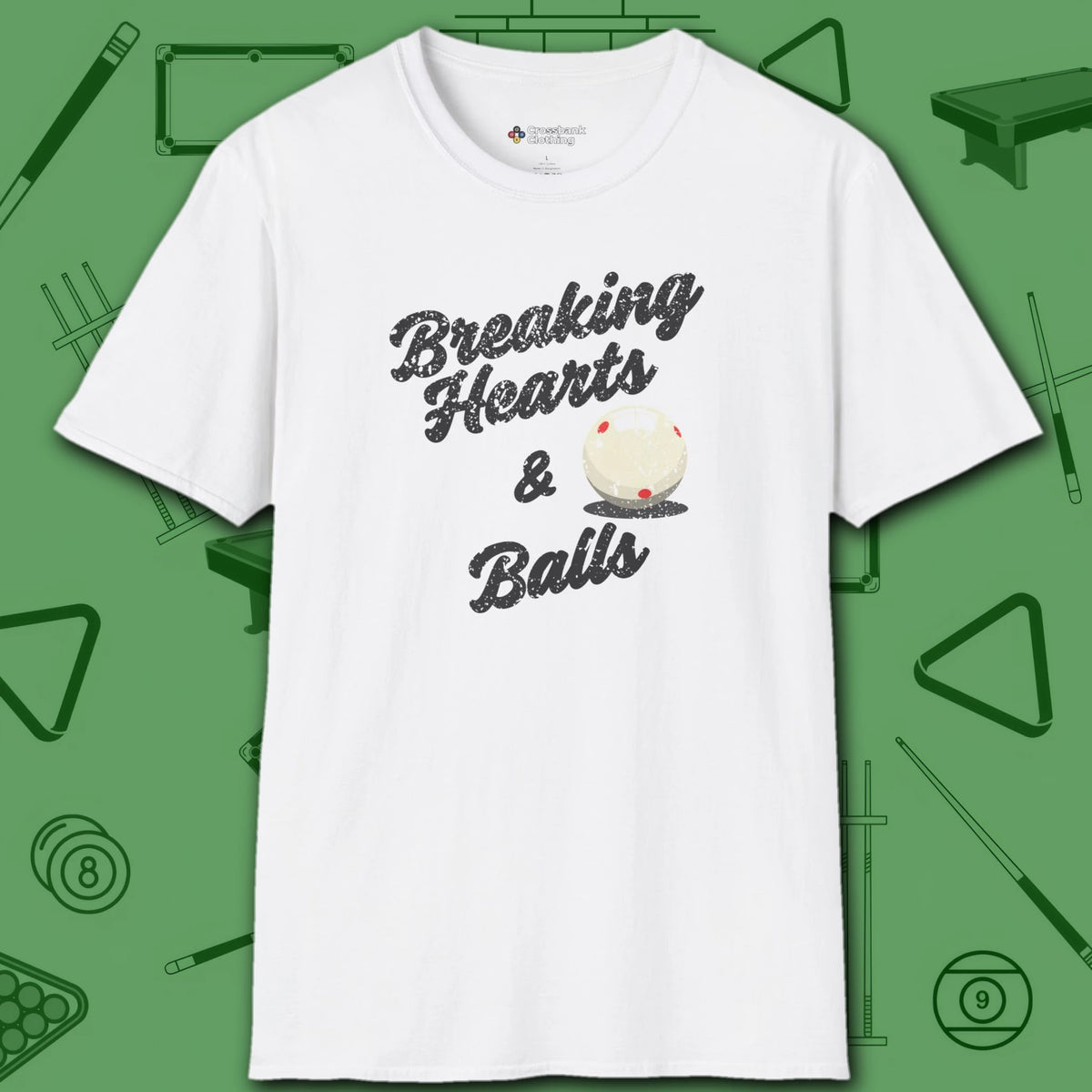 Breaking Hearts and Balls T-Shirt, in White color, billiards shirt, front view