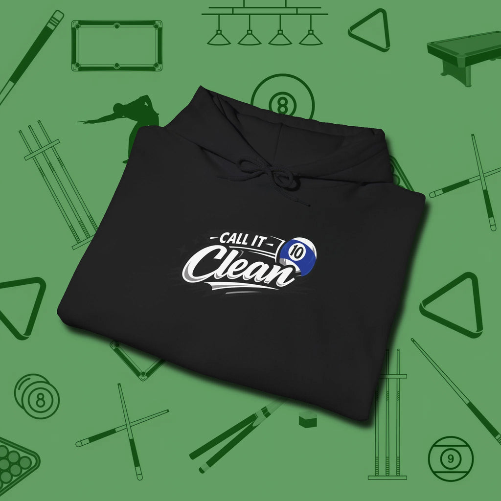 Call It Clean Ten Ball Hoodie, folded view, in Black not your average 8-ball graphic tee