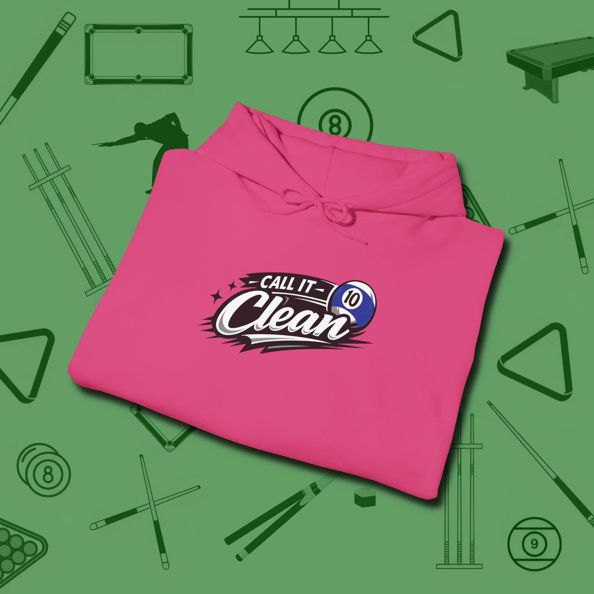 Call It Clean Ten Ball Hoodie, folded view, in Heliconia built for bold breaks and quiet confidence