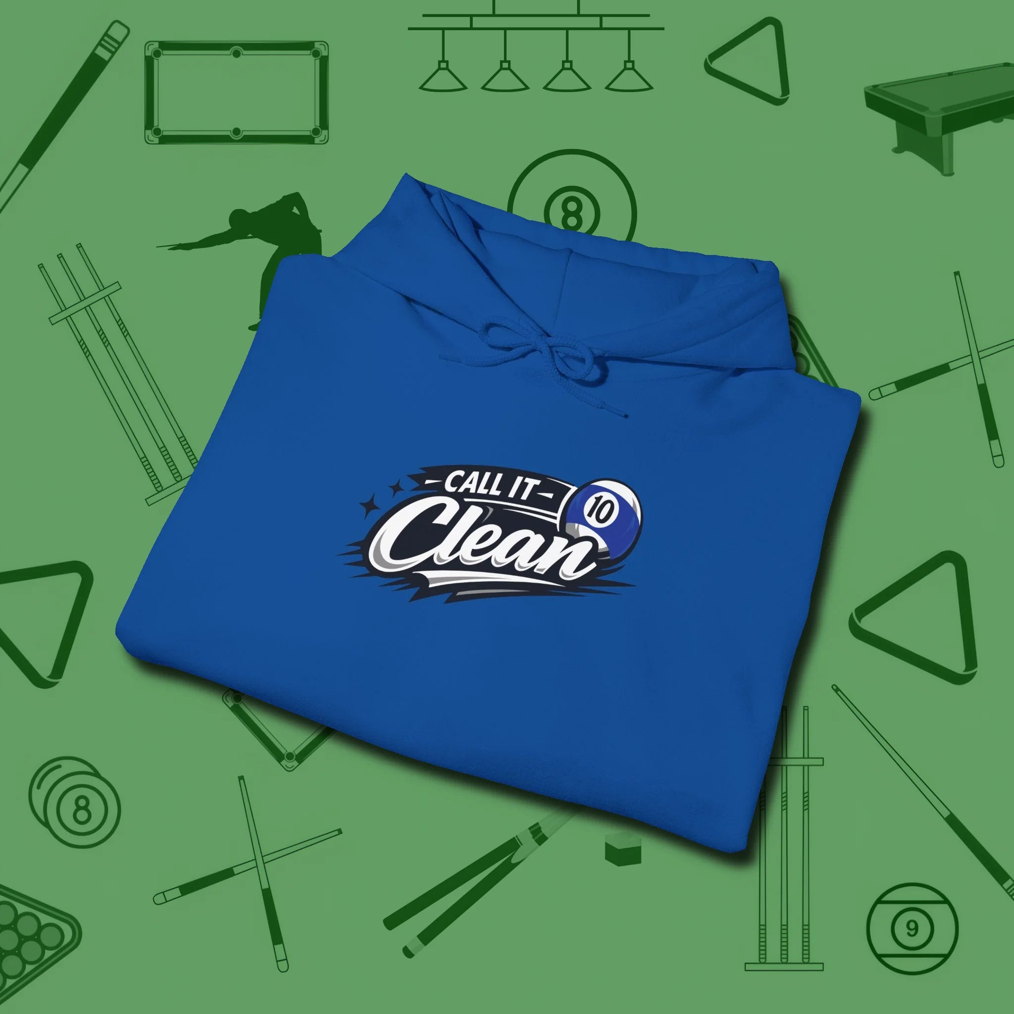 Call It Clean Ten Ball Hoodie, folded view, in Royal fashion with break-and-run energy