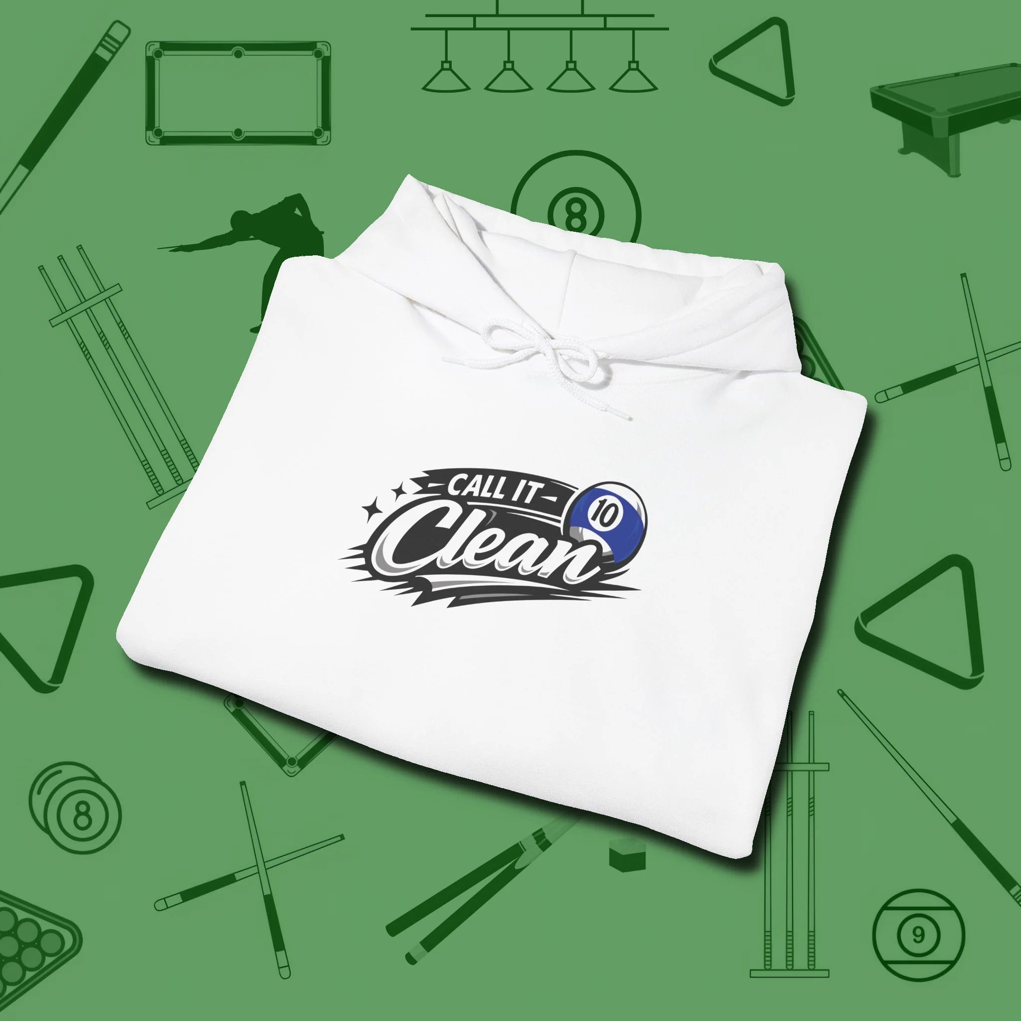 Call It Clean Ten Ball Hoodie, folded view, in White smart enough for the felt and the street