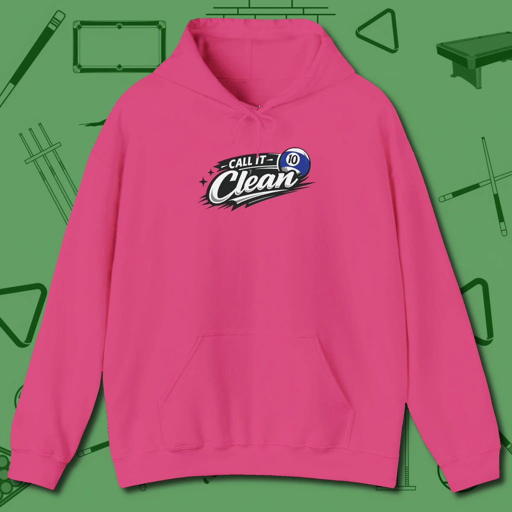 Call It Clean Ten Ball Hoodie, front view, in Heliconia clean lines for dirty minds