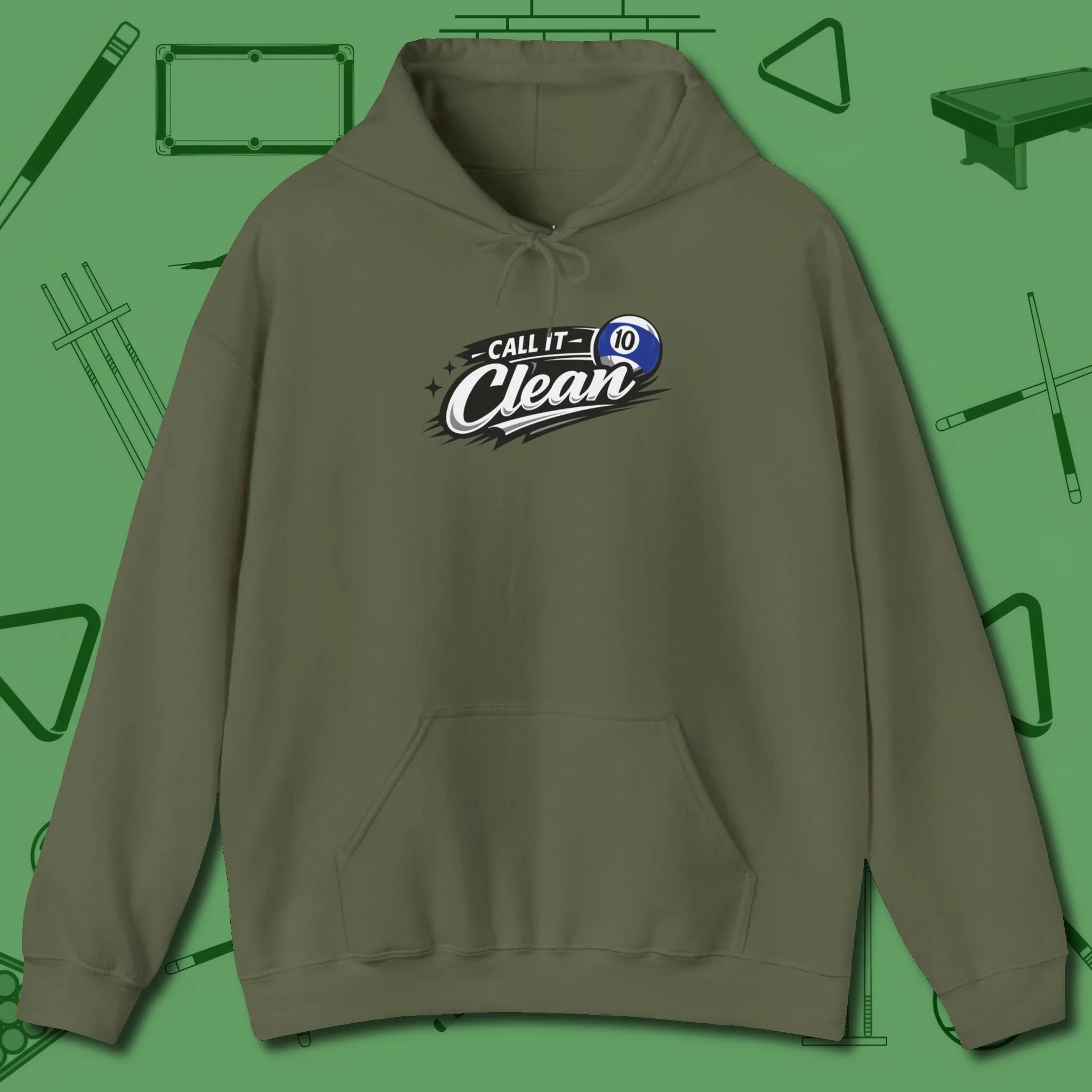 Call It Clean Ten Ball Hoodie, front view, in Military Green the official uniform of the after-hours crew