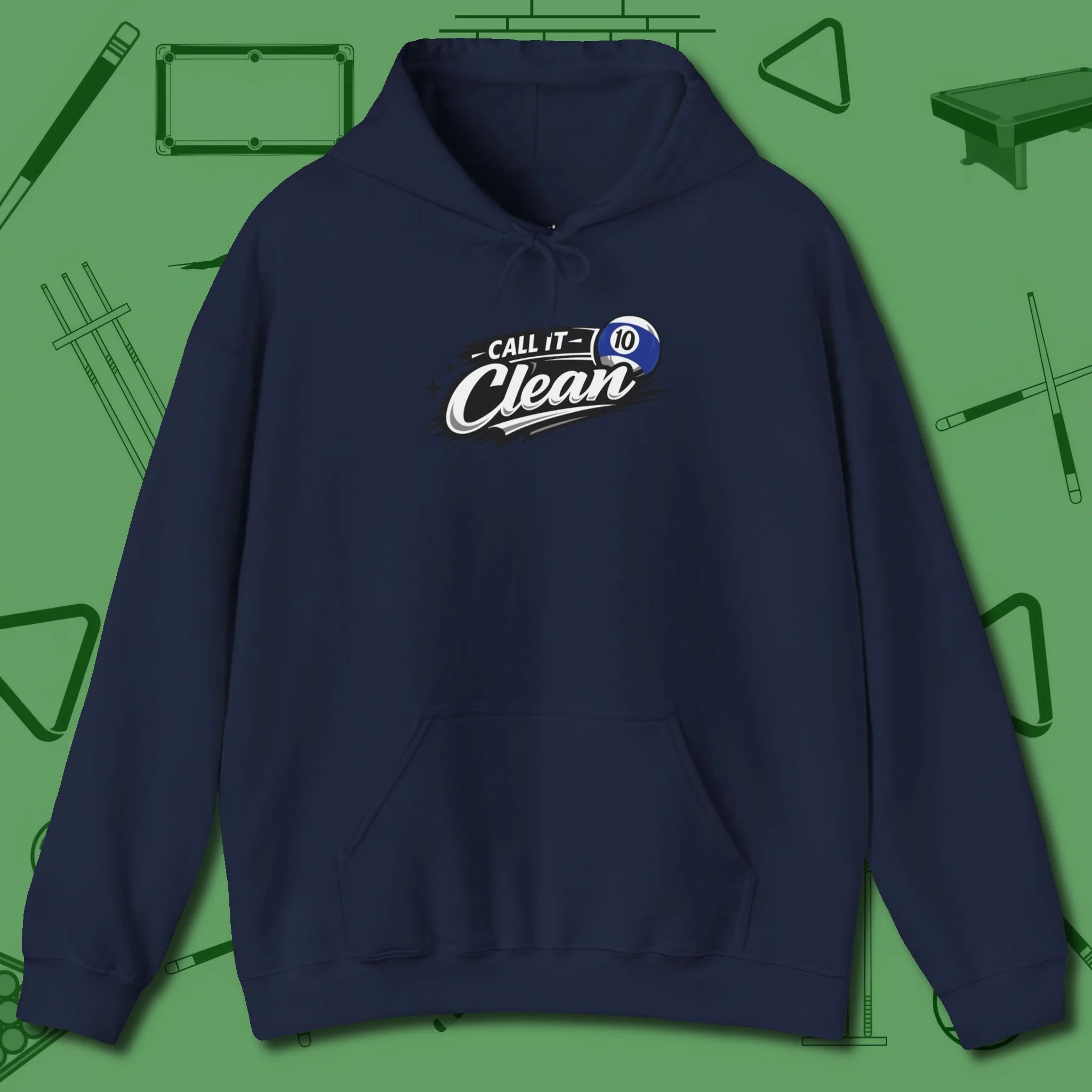 Call It Clean Ten Ball Hoodie, front view, in Navy made for pool sharks, not posers