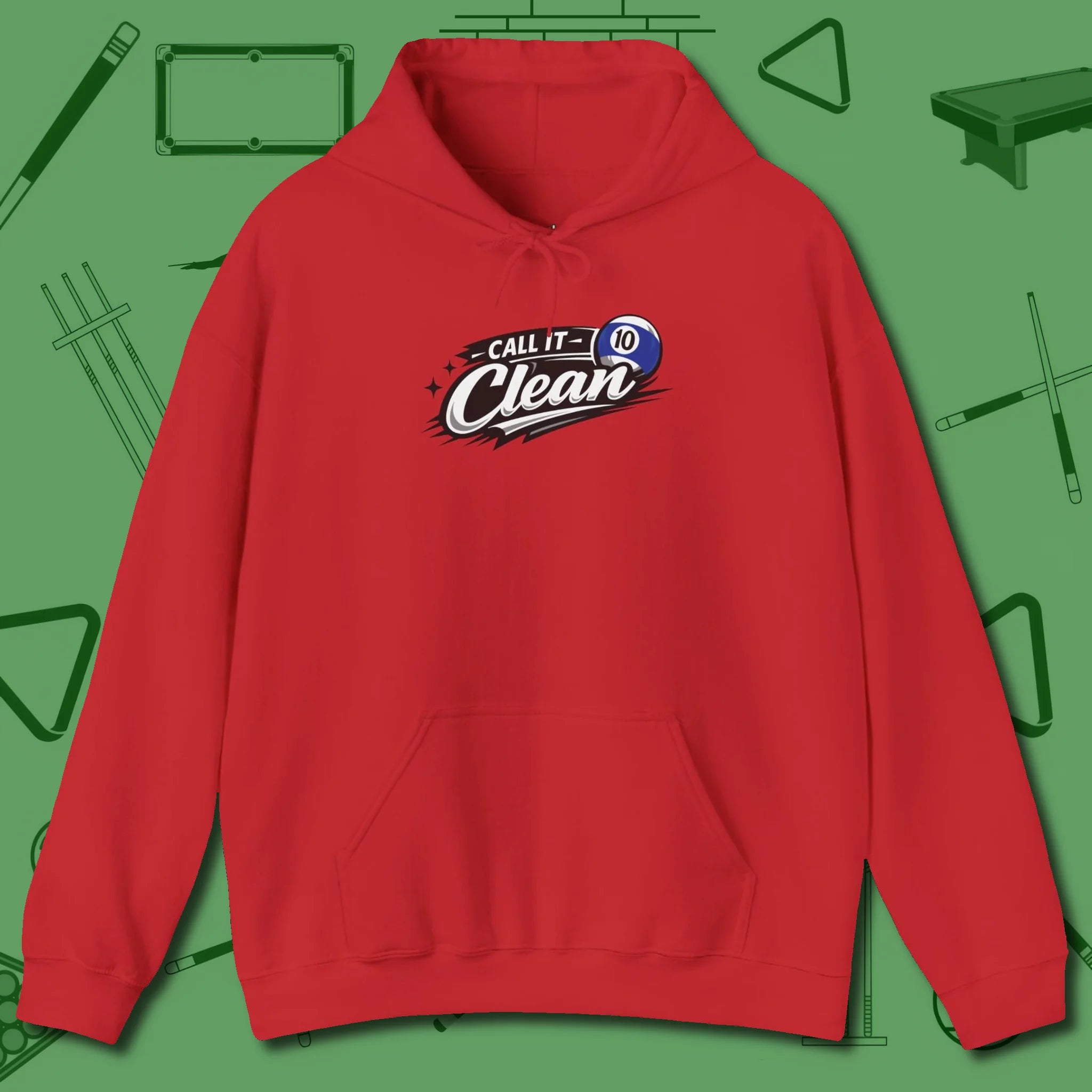 Call It Clean Ten Ball Hoodie, front view, in Red put your best game on display