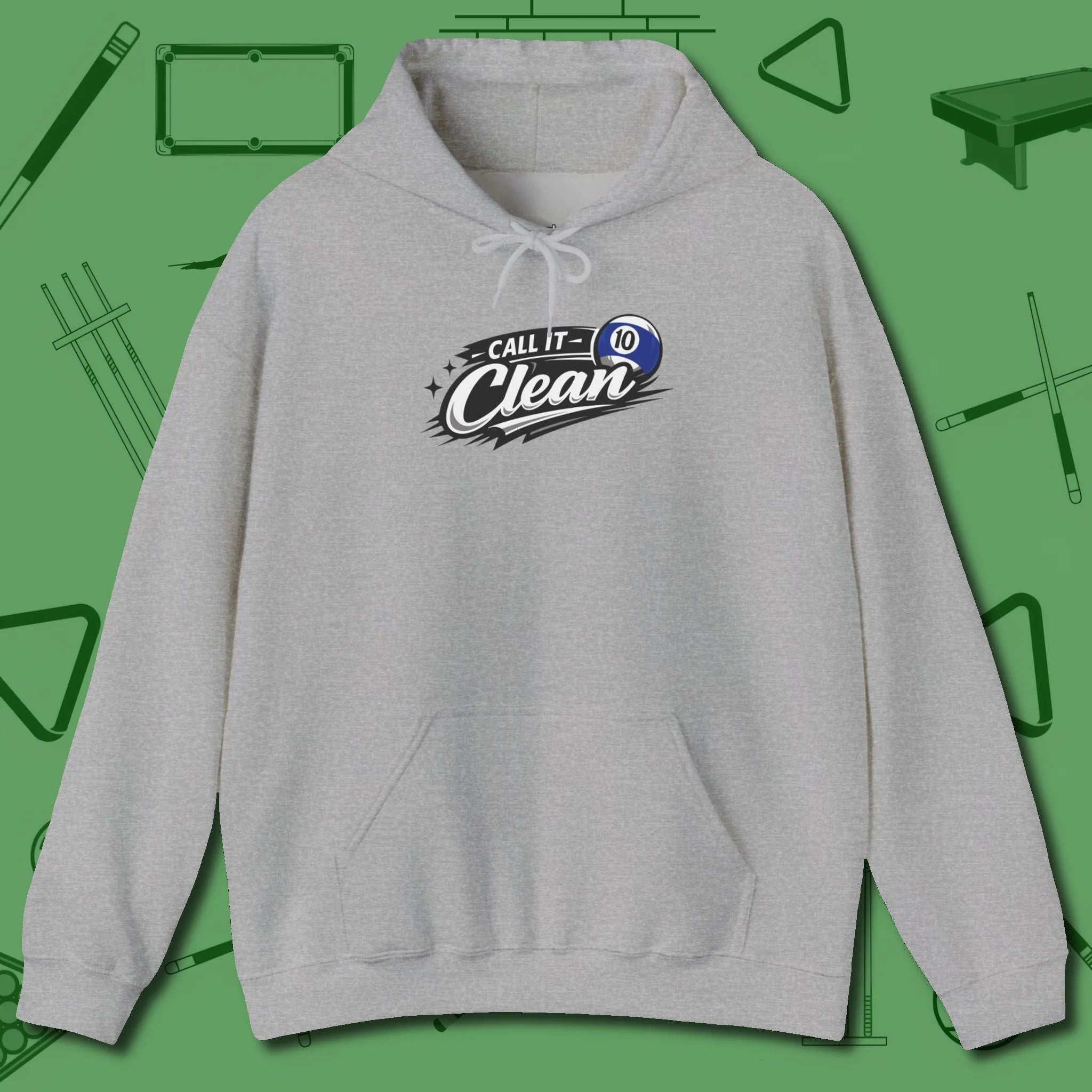 Call It Clean Ten Ball Hoodie, front view, in Sport Grey look good while calling your pocket