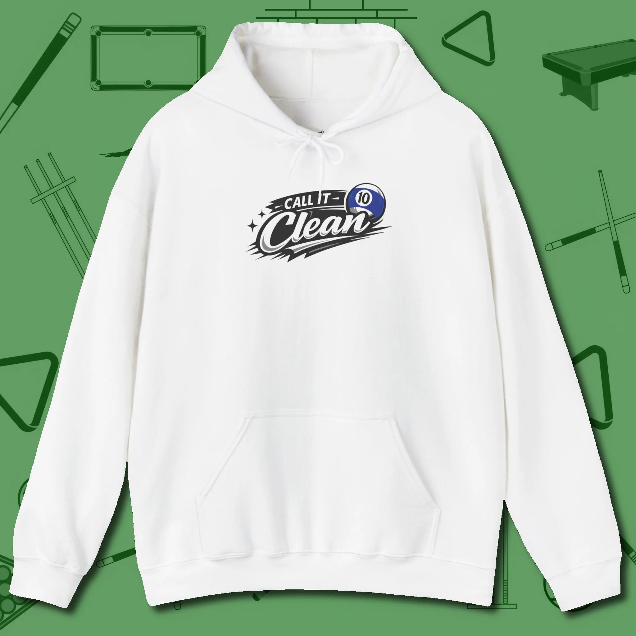 Call It Clean Ten Ball Hoodie, front view, in White the official uniform of the after-hours crew
