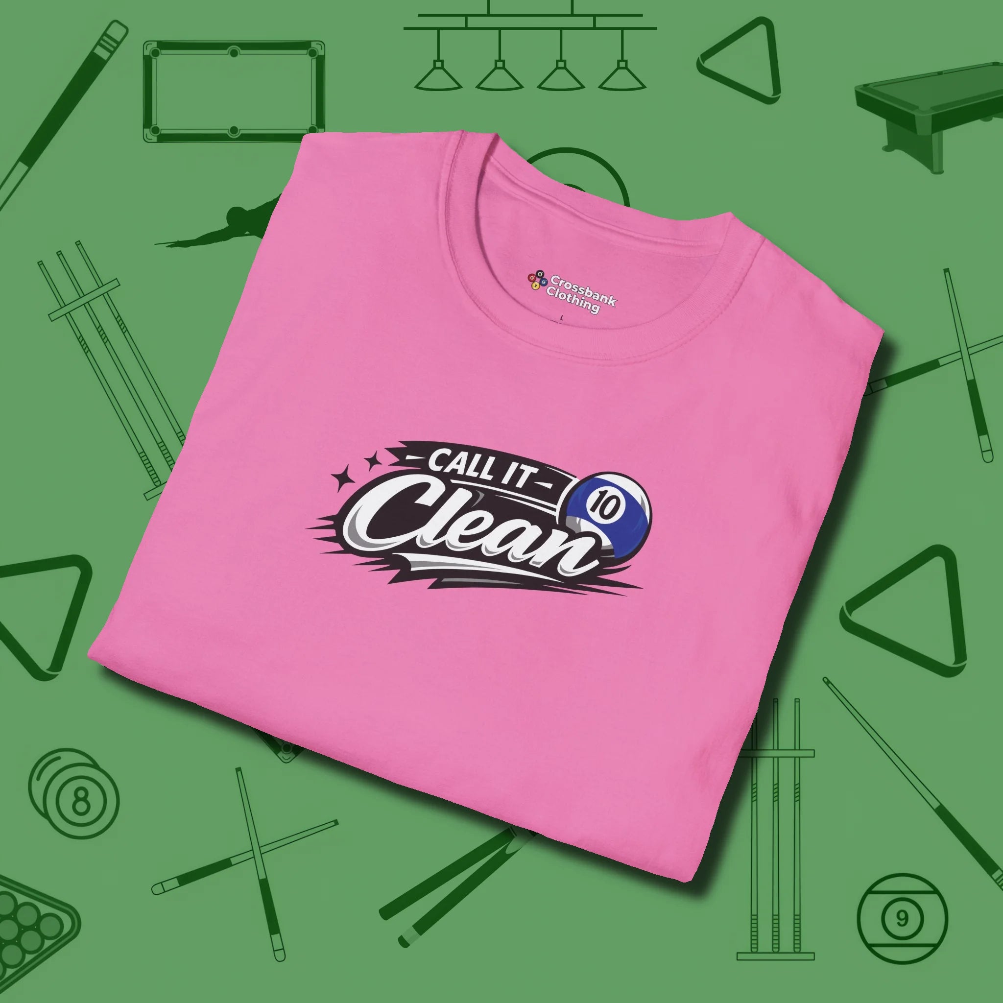 Call It Clean Ten Ball T-Shirt, folded view, in Azalea cool enough for a corner pocket finish