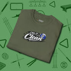 Call It Clean Ten Ball T-Shirt, folded view, in Military Green clean lines for dirty minds