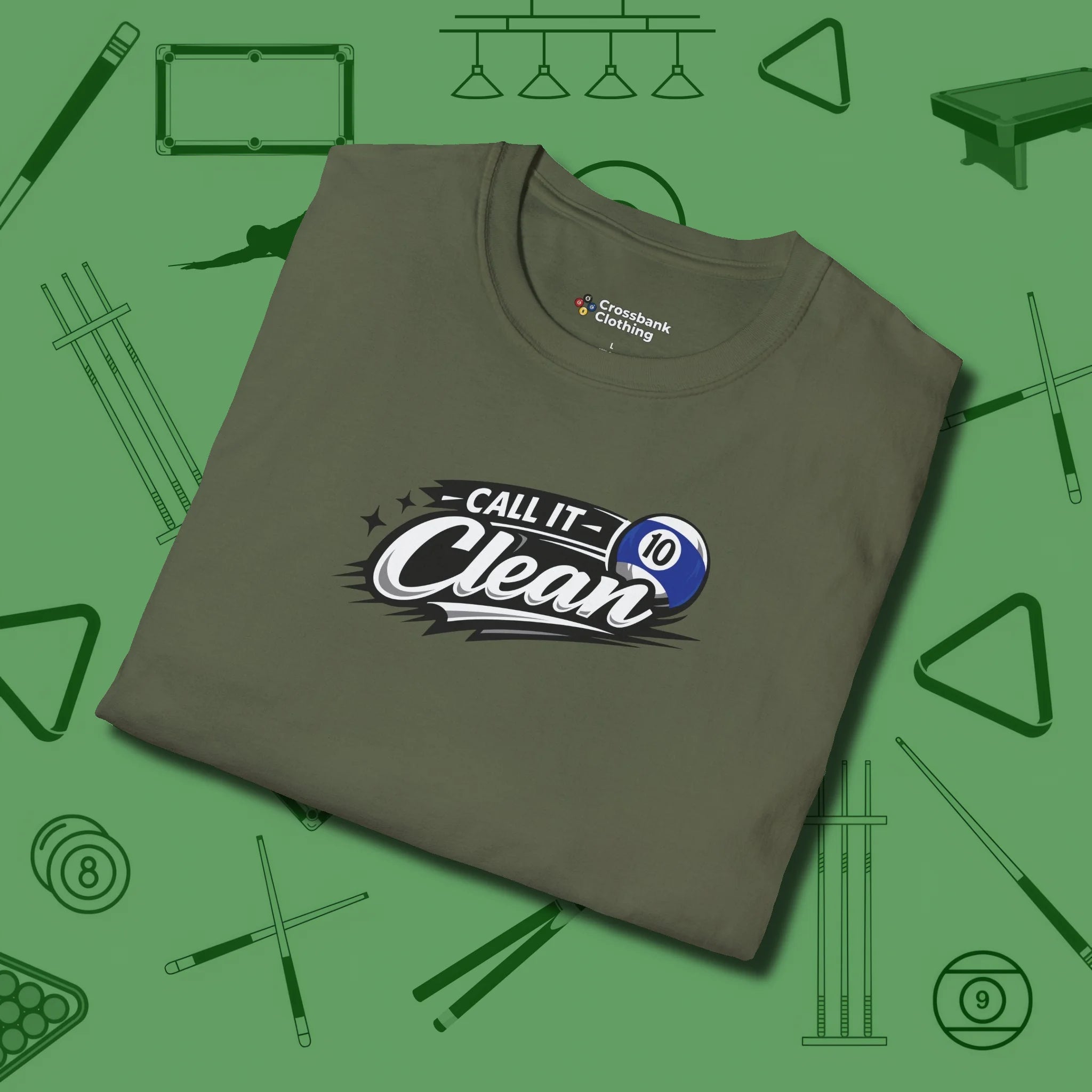 Call It Clean Ten Ball T-Shirt, folded view, in Military Green clean lines for dirty minds