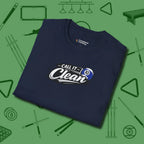 Call It Clean Ten Ball T-Shirt, folded view, in Navy poolroom style with tournament attitude