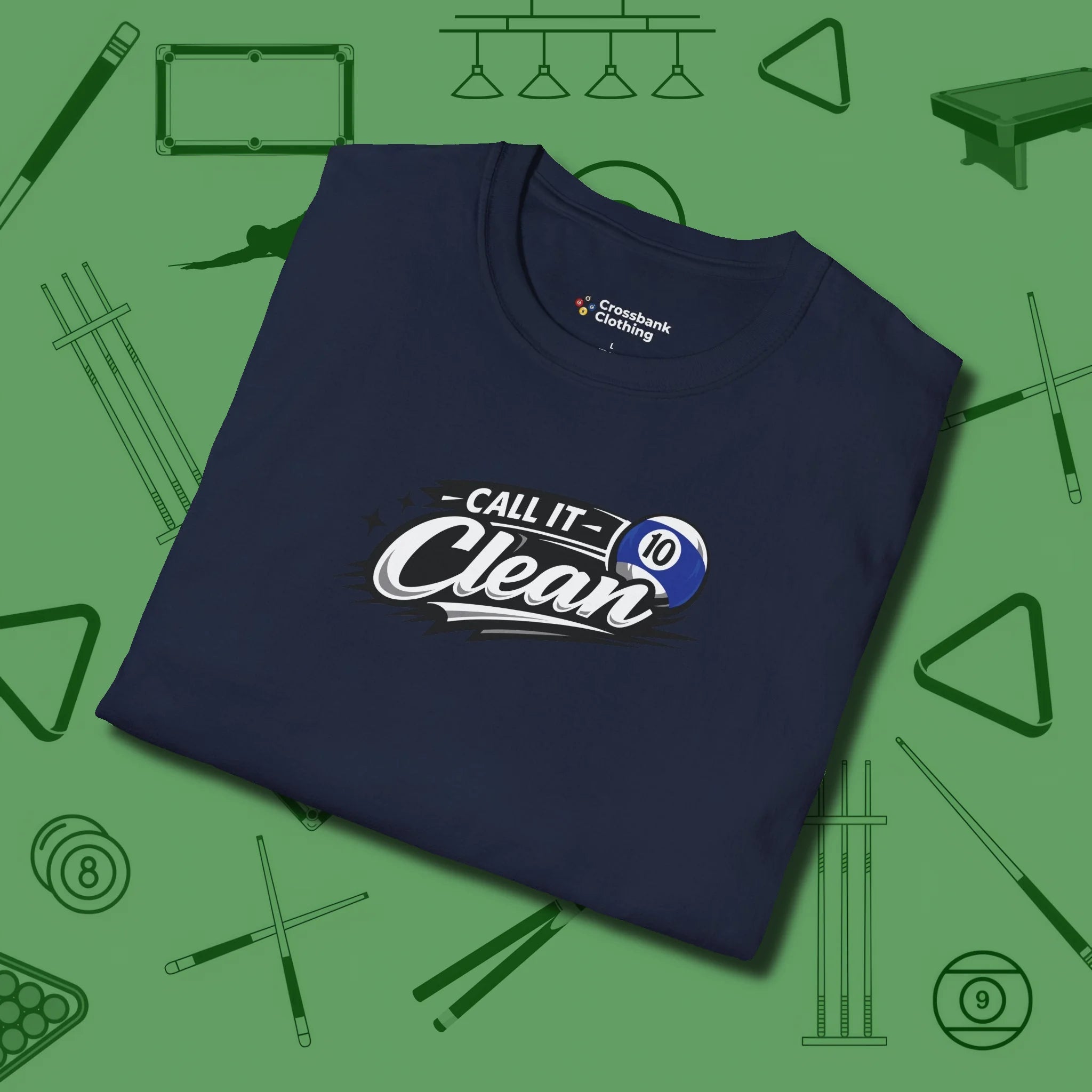 Call It Clean Ten Ball T-Shirt, folded view, in Navy poolroom style with tournament attitude