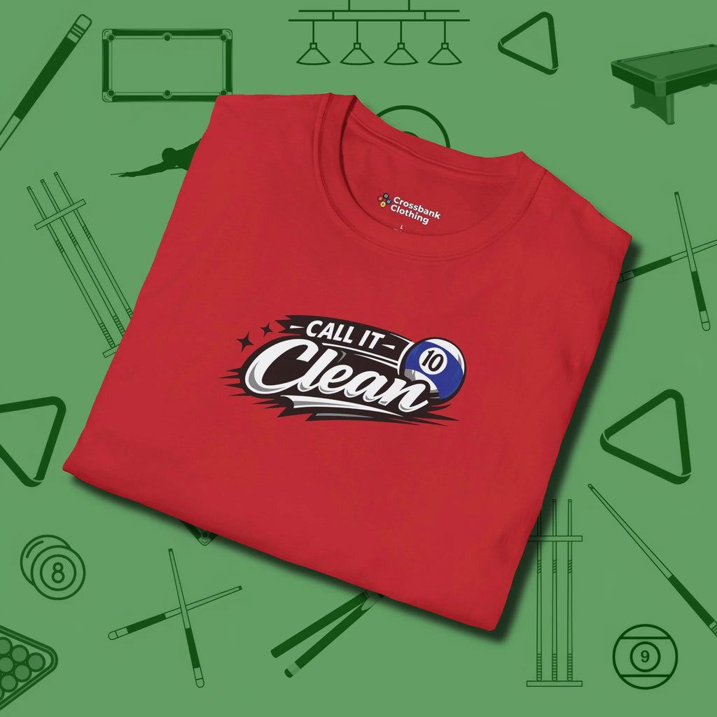Call It Clean Ten Ball T-Shirt, folded view, in Red cool under pressure, hot on the eyes