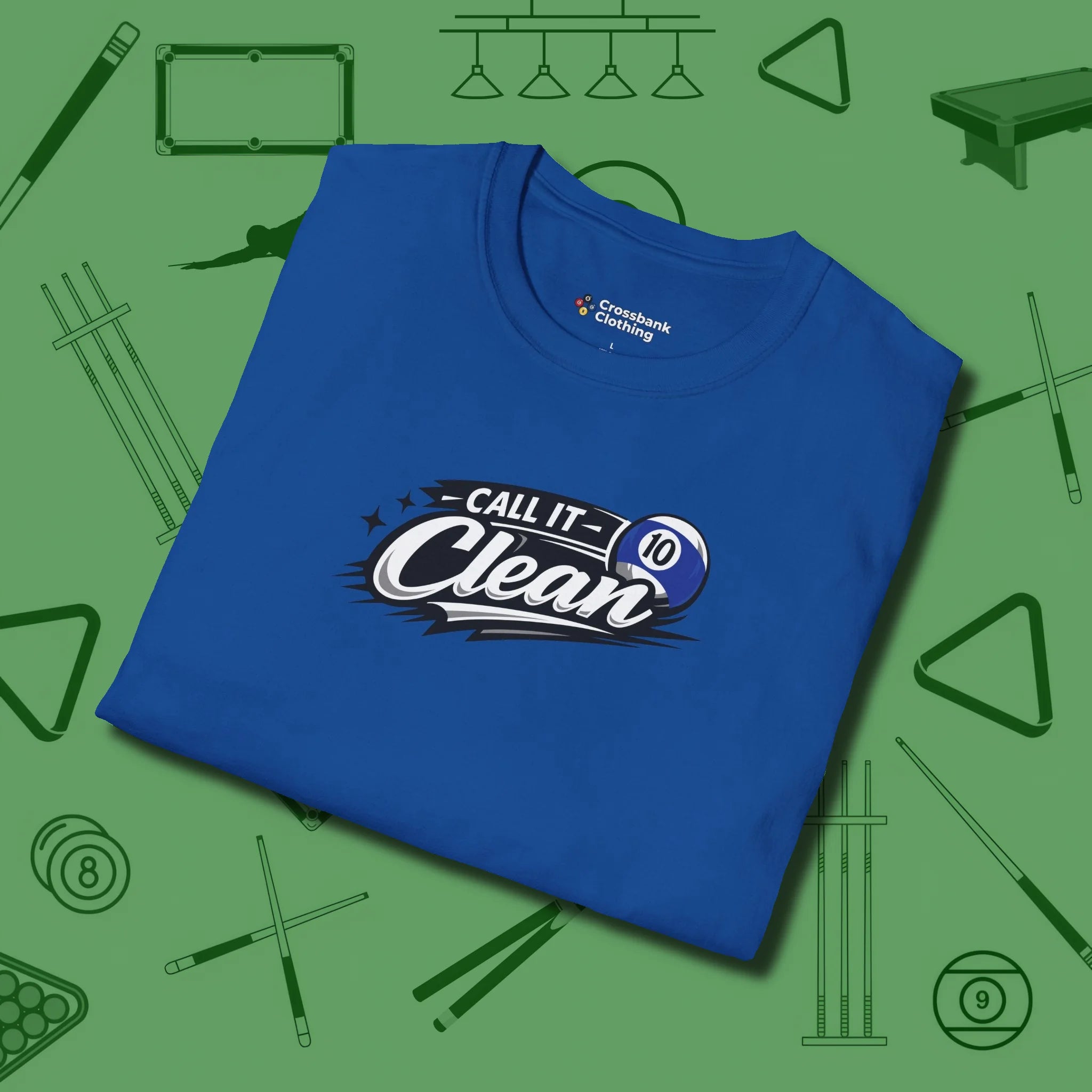 Call It Clean Ten Ball T-Shirt, folded view, in Royal tough like your favorite break cue