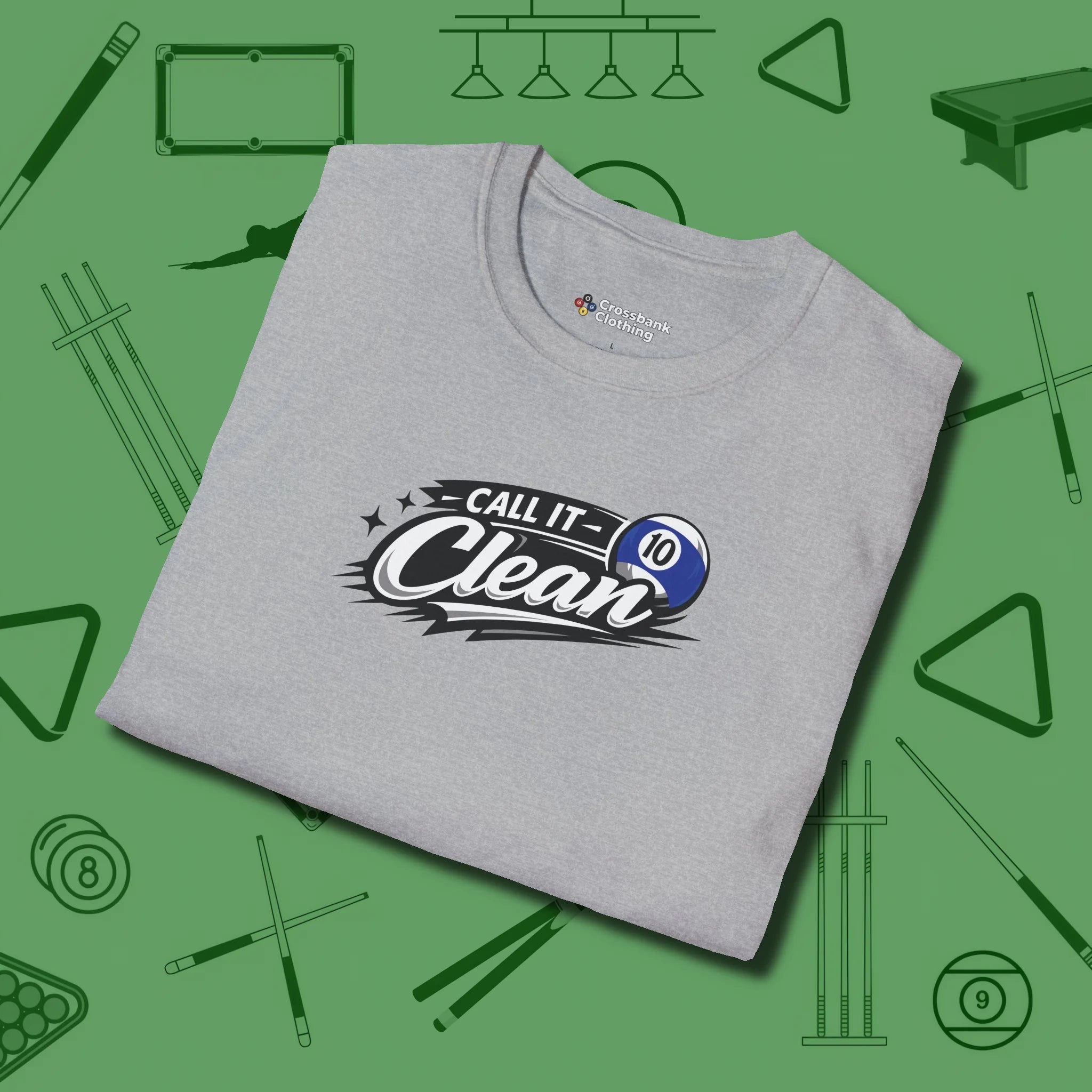 Call It Clean Ten Ball T-Shirt, folded view, in Sport Grey cool enough for a corner pocket finish