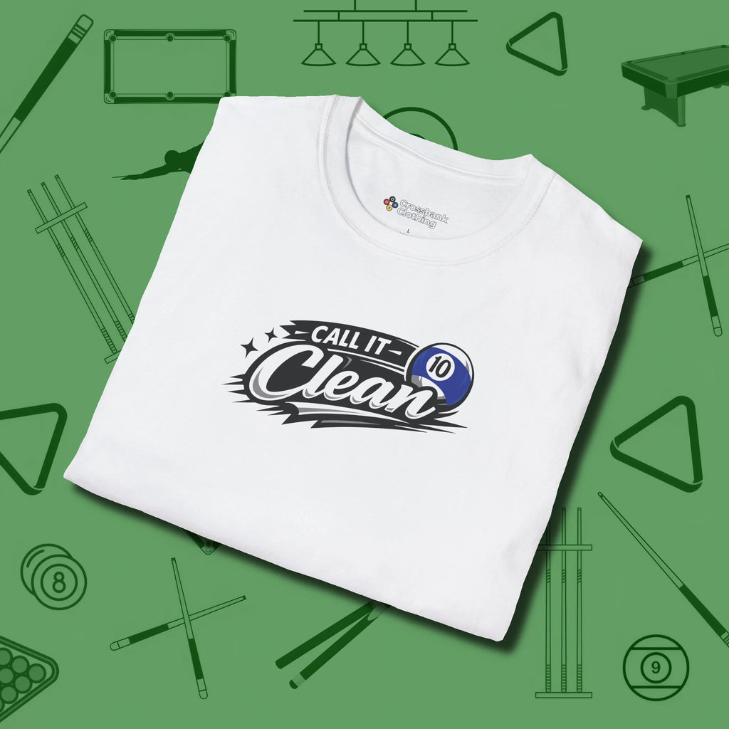 Call It Clean Ten Ball T-Shirt, folded view, in White cue sports swagger done right
