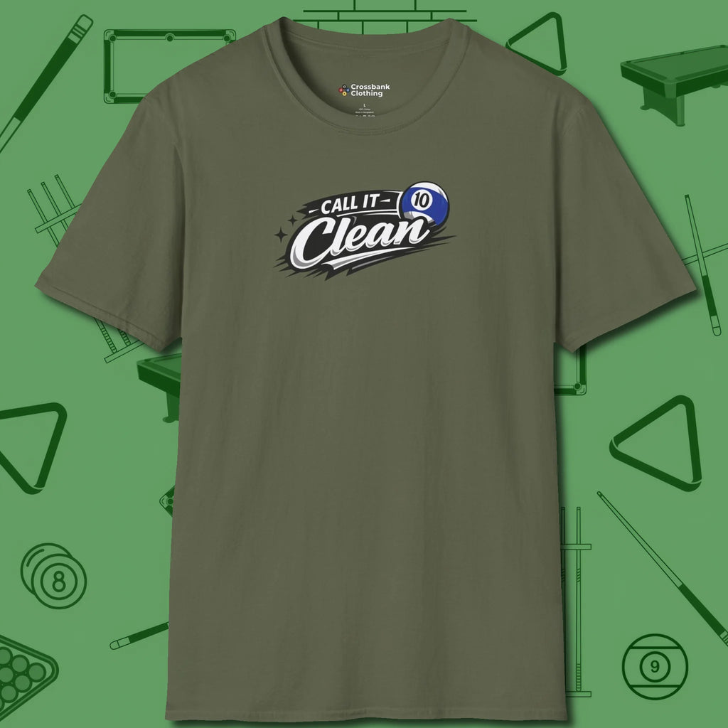 Call It Clean Ten Ball T-Shirt, front view, in Military Green make every shot — and outfit — count