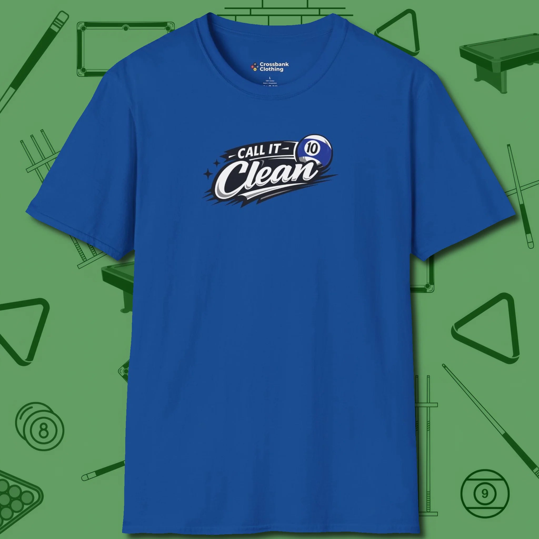 Call It Clean Ten Ball T-Shirt, front view, in Royal where style and cue discipline collide