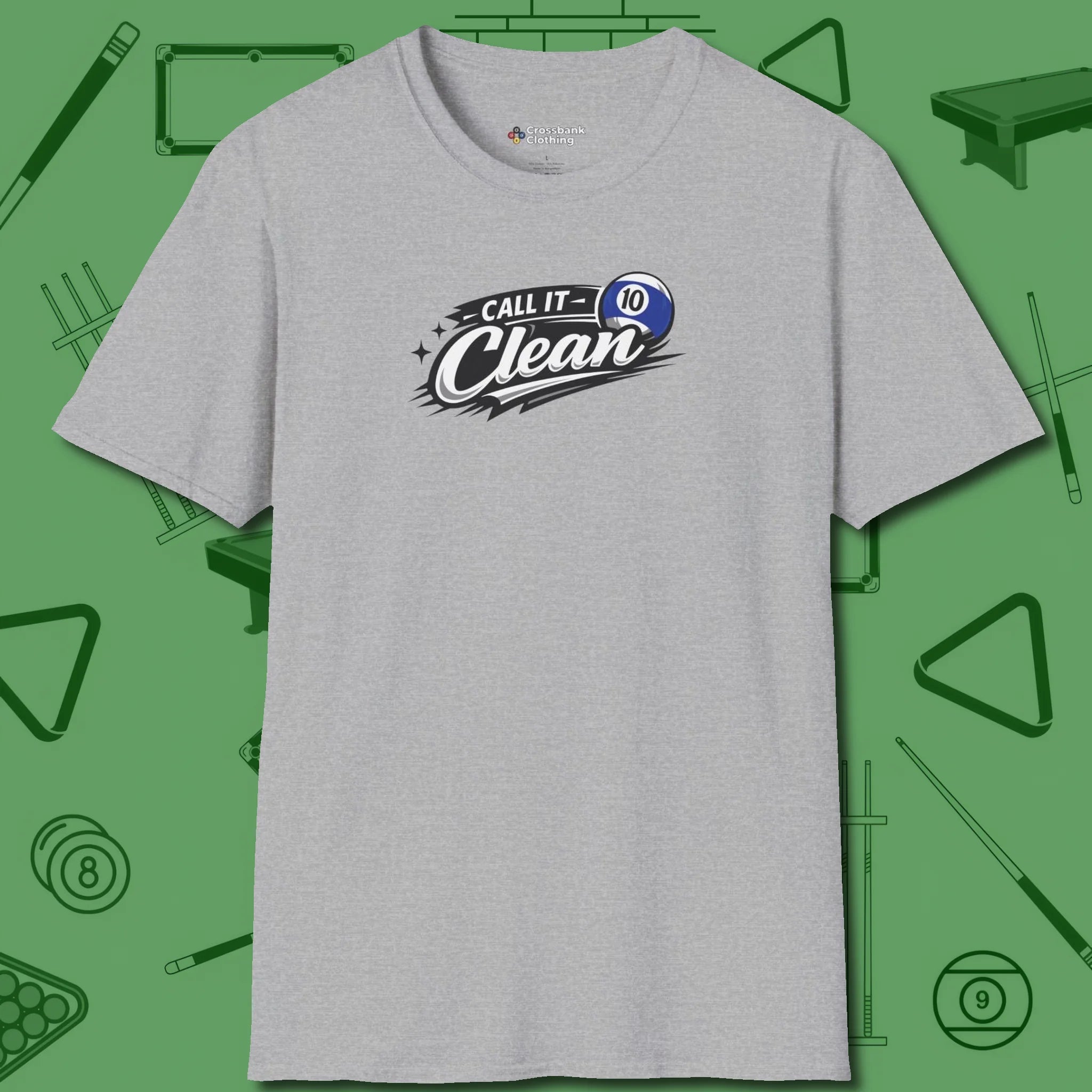 Call It Clean Ten Ball T-Shirt, front view, in Sport Grey fashion with break-and-run energy