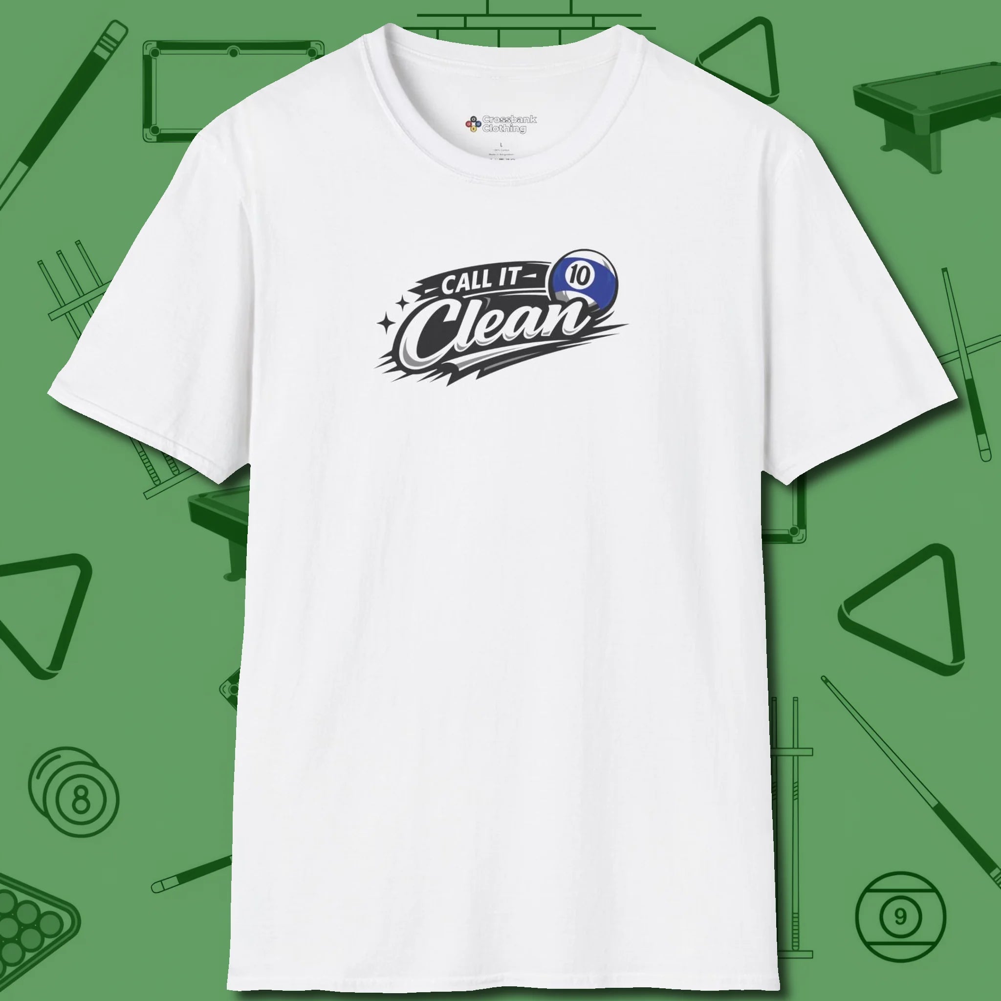 Call It Clean Ten Ball T-Shirt, front view, in White cue sports swagger done right