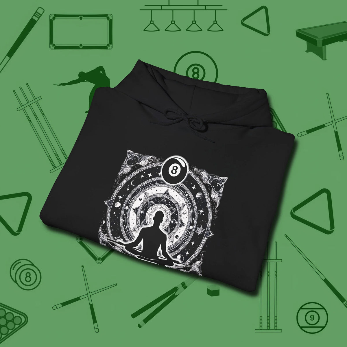 Celestial Zen 8 Ball Hoodie, folded view, in Black what champions wear between racks