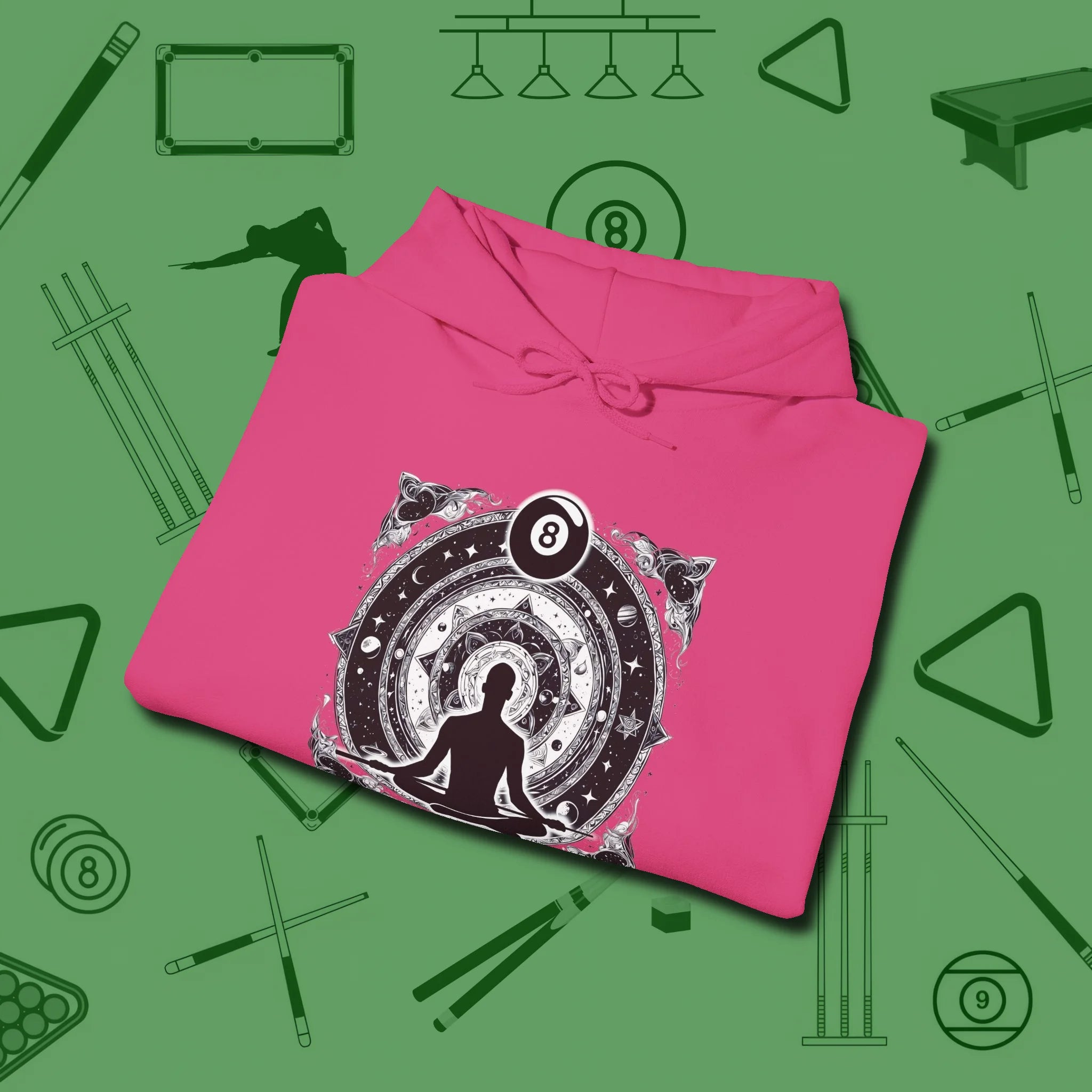 Celestial Zen 8 Ball Hoodie, folded view, in Heliconia your secret weapon off the table