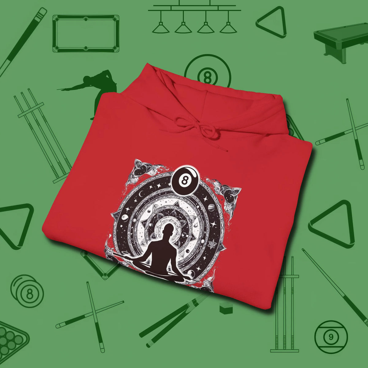 Celestial Zen 8 Ball Hoodie, folded view, in Red a clean fit for the dirtiest safeties