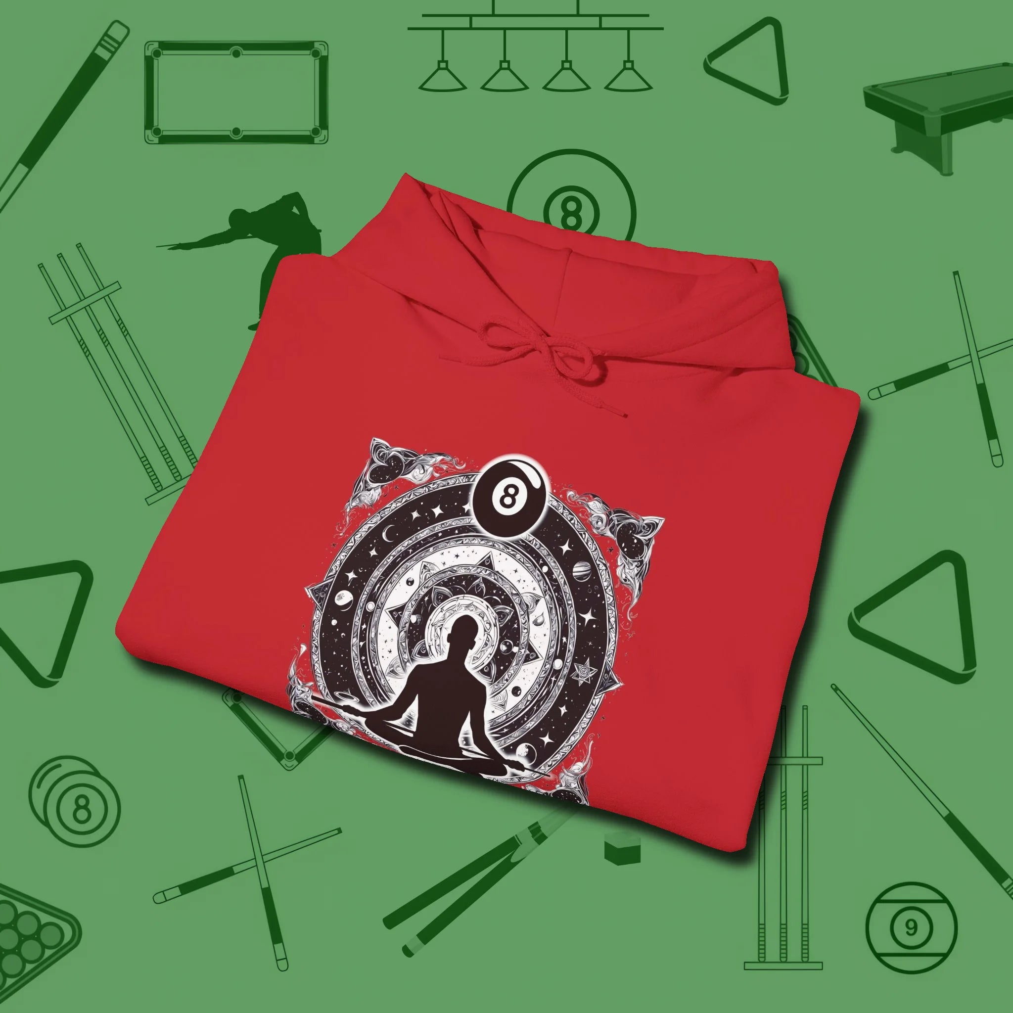 Celestial Zen 8 Ball Hoodie, folded view, in Red a clean fit for the dirtiest safeties