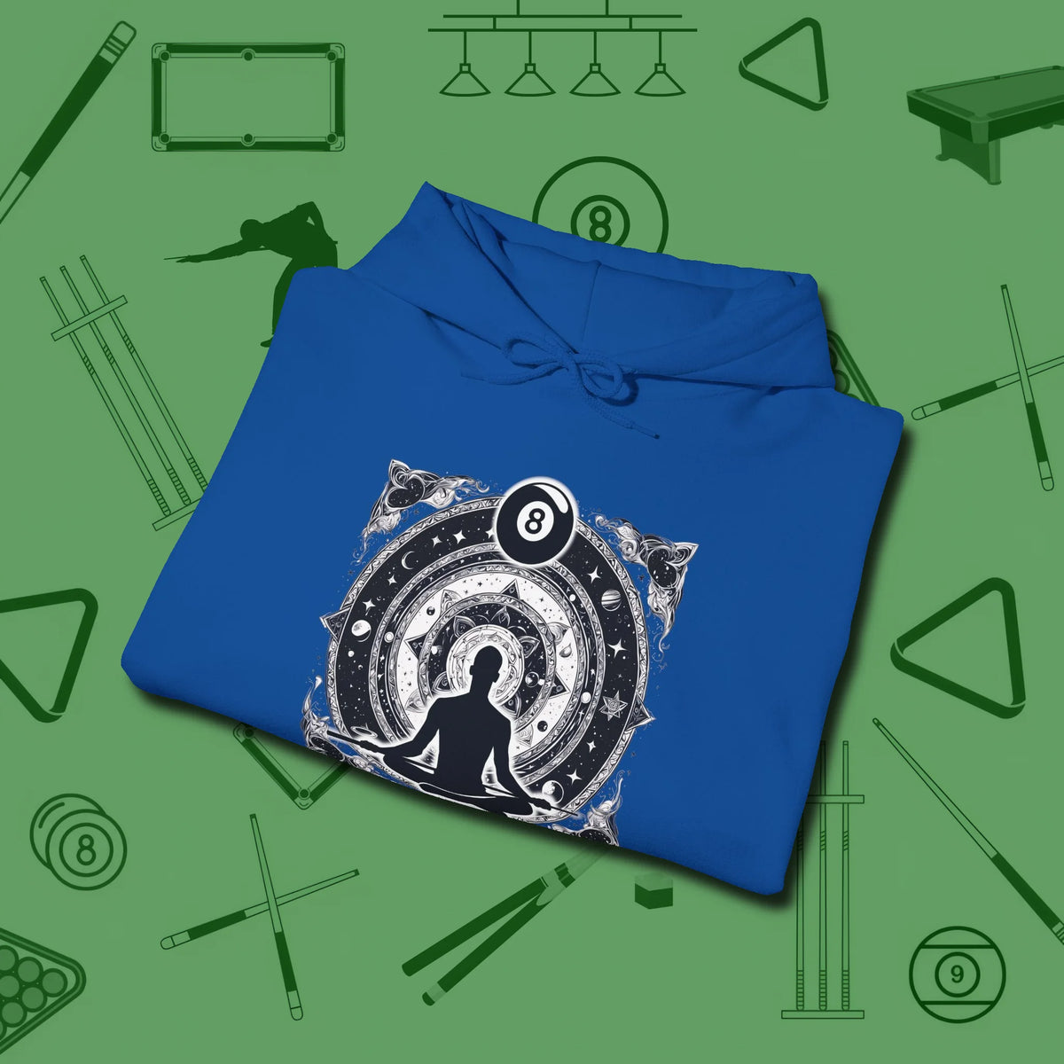 Celestial Zen 8 Ball Hoodie, folded view, in Royal poolroom style with tournament attitude