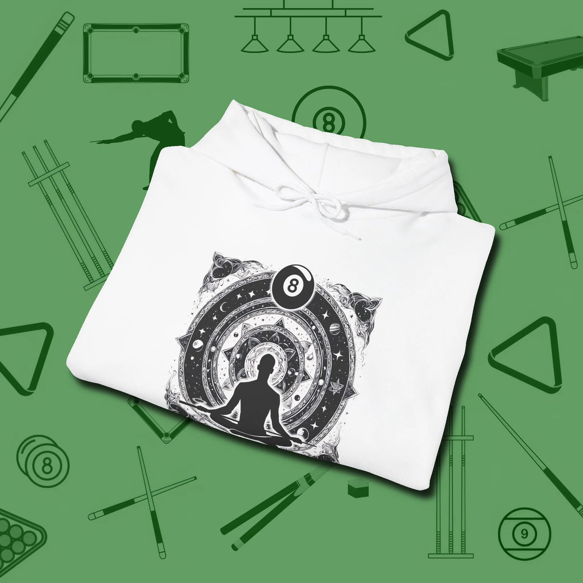 Celestial Zen 8 Ball Hoodie, folded view, in White tough like your favorite break cue