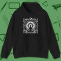 Celestial Zen 8 Ball Hoodie, front view, in Black poolroom style with tournament attitude