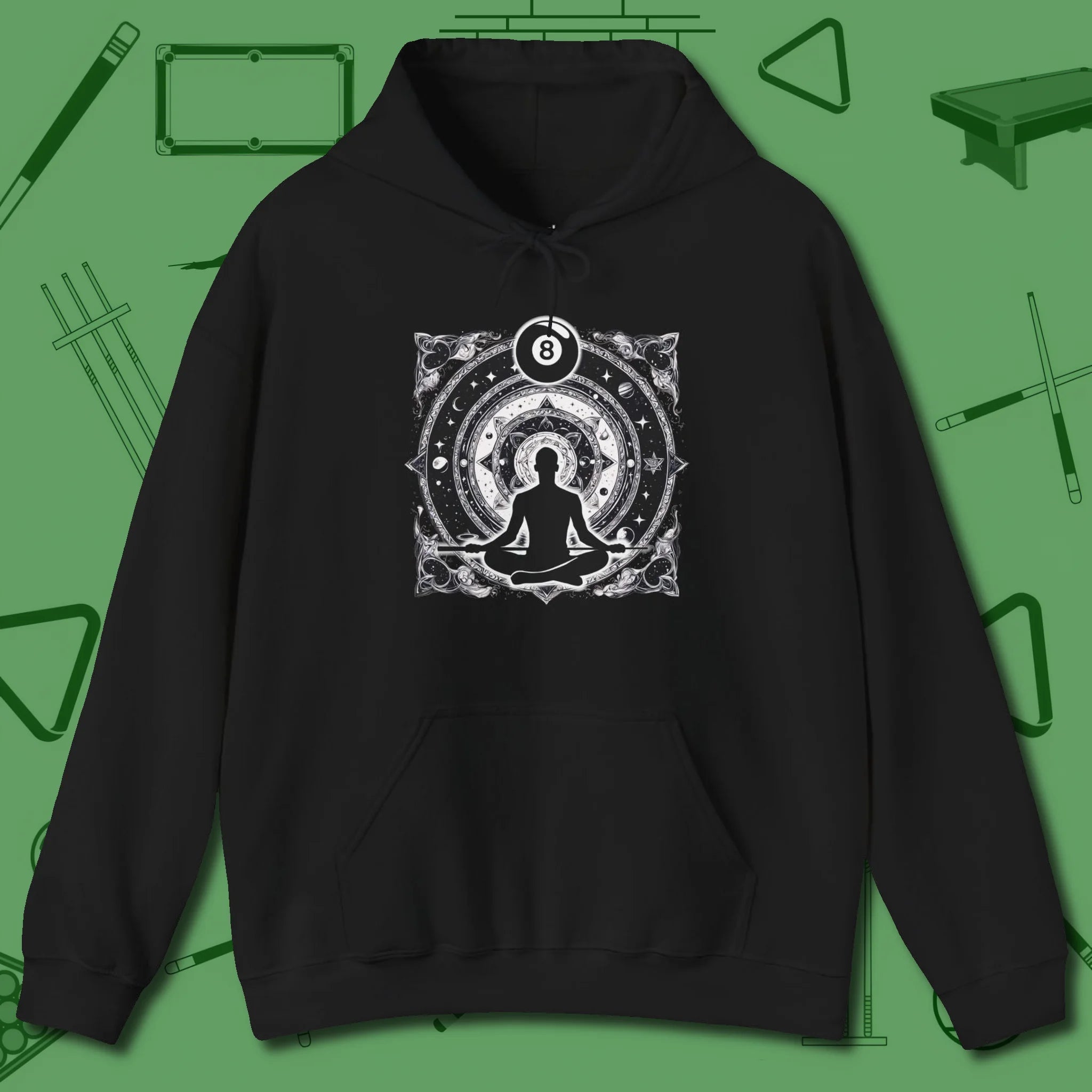 Celestial Zen 8 Ball Hoodie, front view, in Black poolroom style with tournament attitude