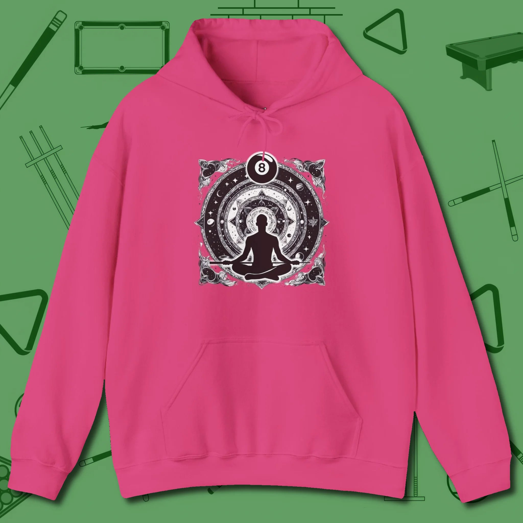Celestial Zen 8 Ball Hoodie, front view, in Heliconia tough like your favorite break cue