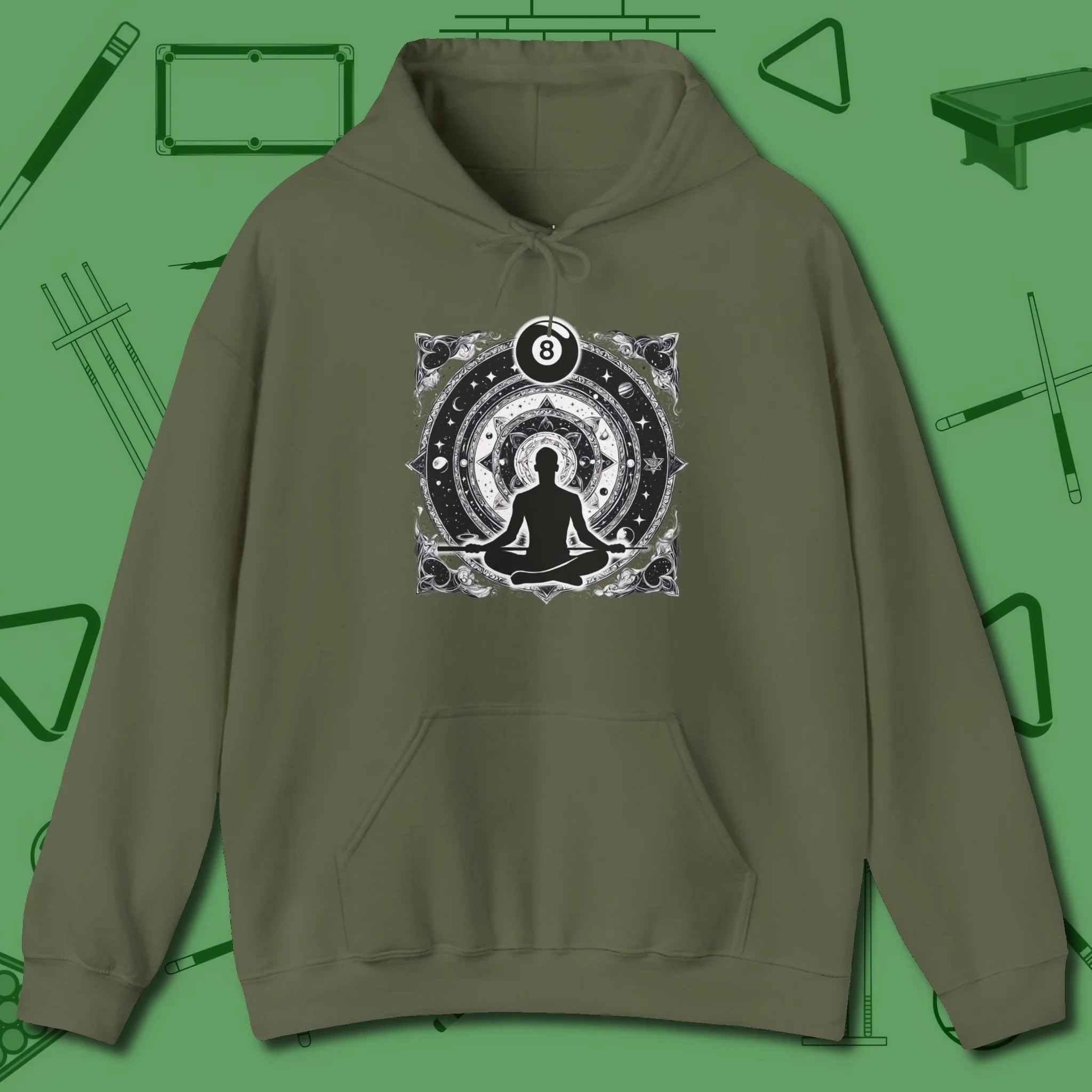 Celestial Zen 8 Ball Hoodie, front view, in Military Green your secret weapon off the table
