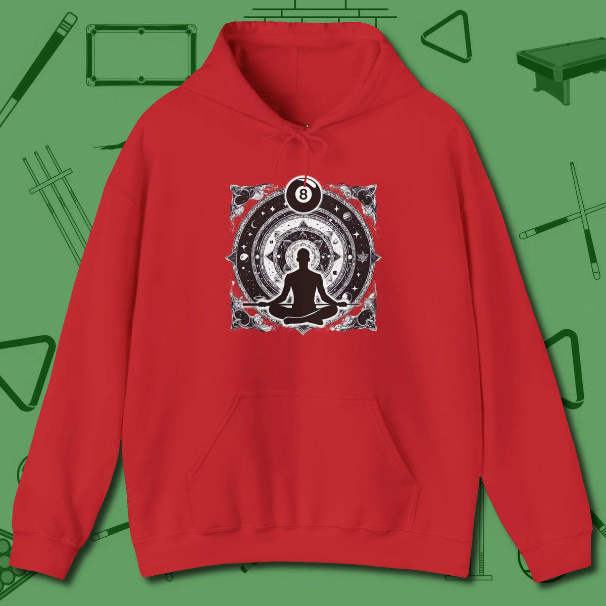 Celestial Zen 8 Ball Hoodie, front view, in Red table-tested, street-approved style
