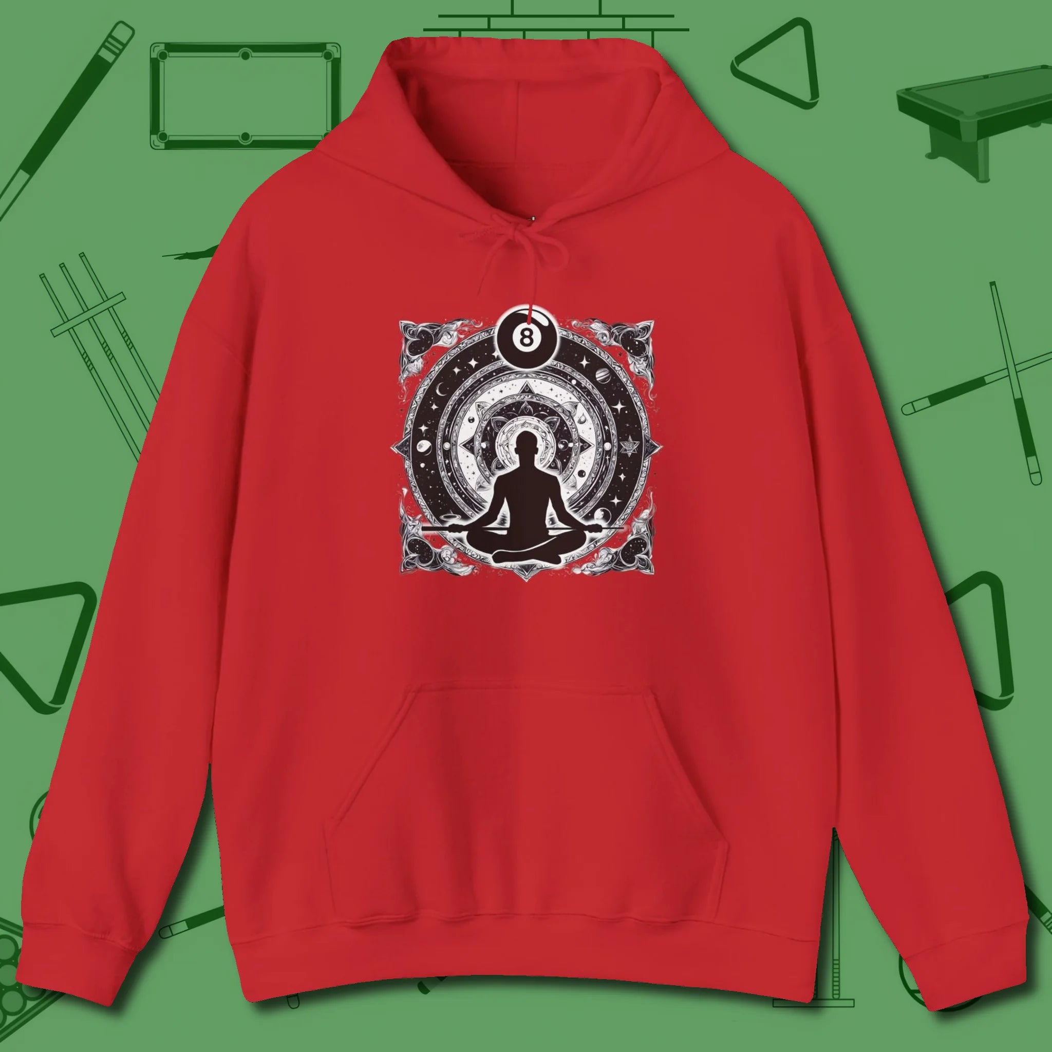 Celestial Zen 8 Ball Hoodie, front view, in Red table-tested, street-approved style
