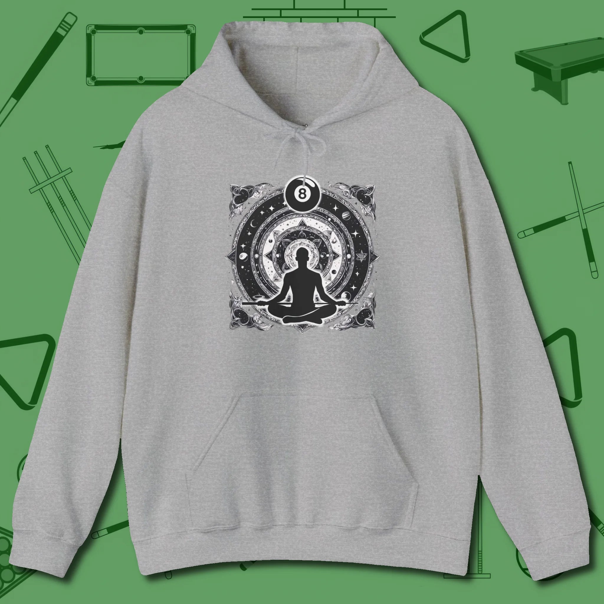 Celestial Zen 8 Ball Hoodie, front view, in Sport Grey style that banks as hard as you do