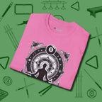 Celestial Zen 8 Ball T-Shirt, folded view, in Azalea smart apparel for strategic players