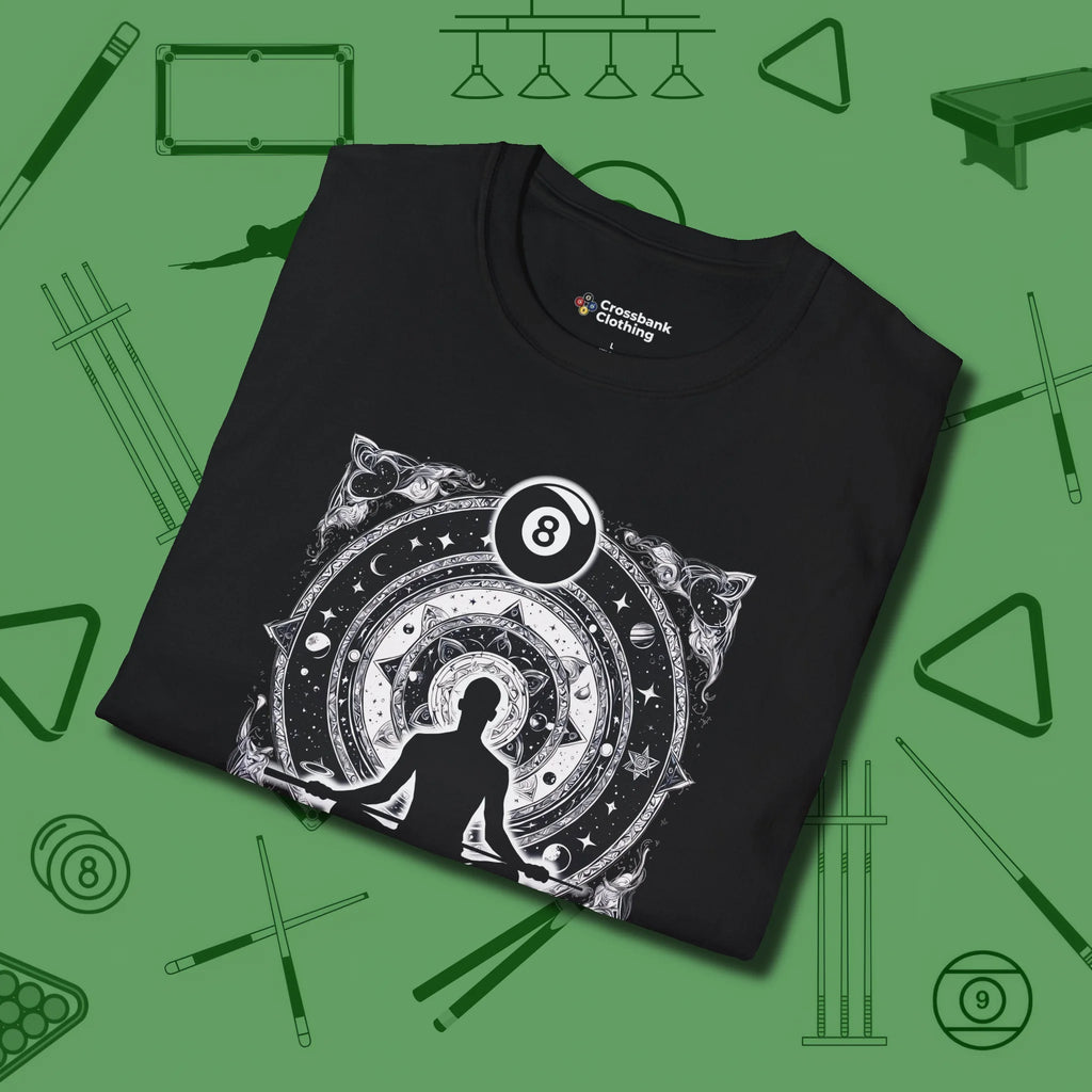 Celestial Zen 8 Ball T-Shirt, folded view, in Black the shirt that plays position