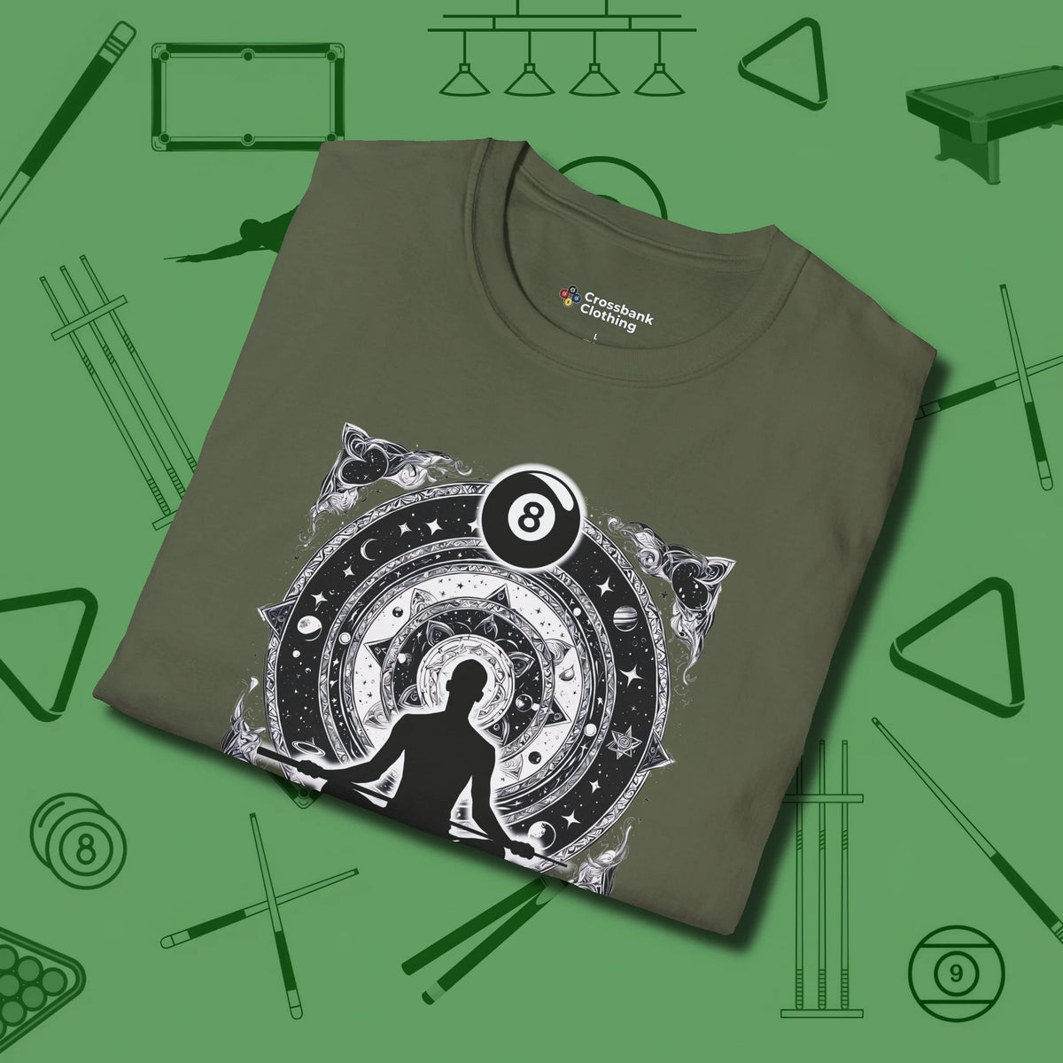 Celestial Zen 8 Ball T-Shirt, folded view, in Military Green as serious as your stroke