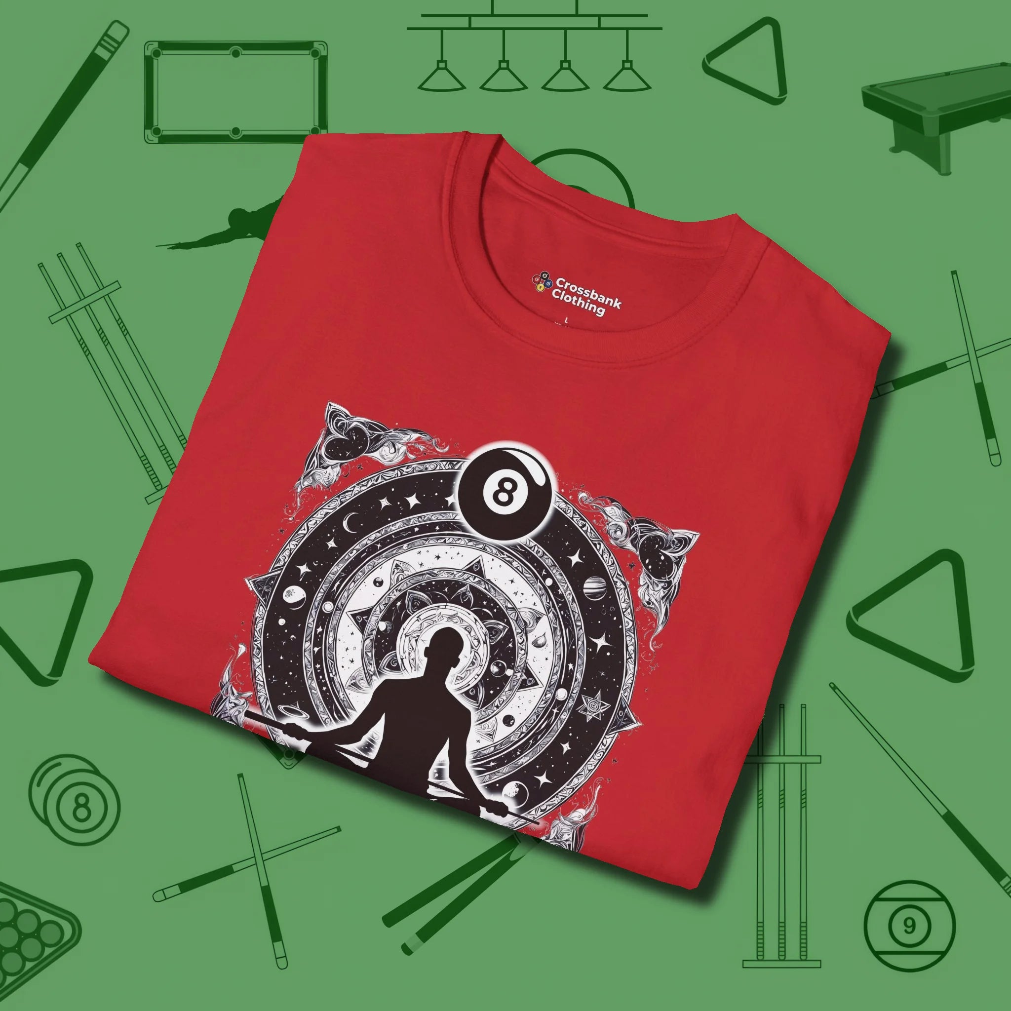 Celestial Zen 8 Ball T-Shirt, folded view, in Red play in style, win in silence