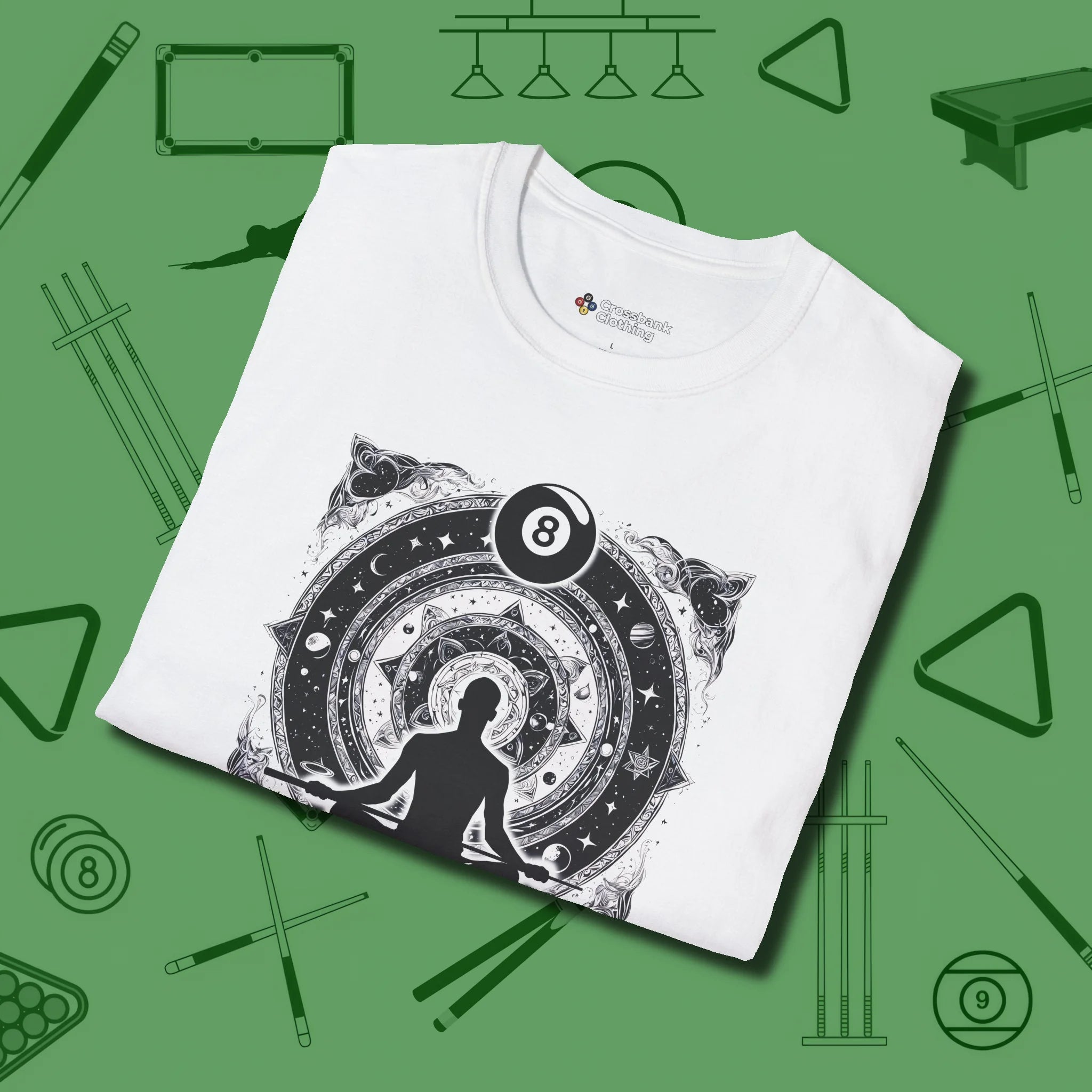 Celestial Zen 8 Ball T-Shirt, folded view, in White classic cue style, no gimmicks