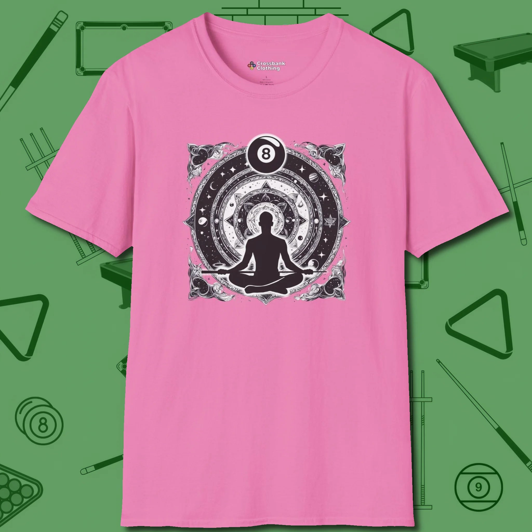 Celestial Zen 8 Ball T-Shirt, front view, in Azalea make every shot — and outfit — count